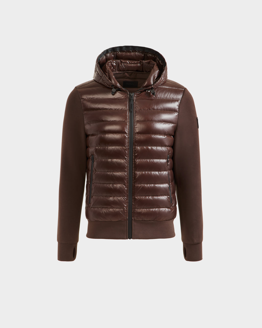 The Rudsak DEE S - 6125684 Espresso is a men’s brown hooded lightweight down jacket with a shiny quilted front, matte sleeves/sides, RDS-certified duck down fill, front zipper, and two side pockets—ideal for urban wear.
