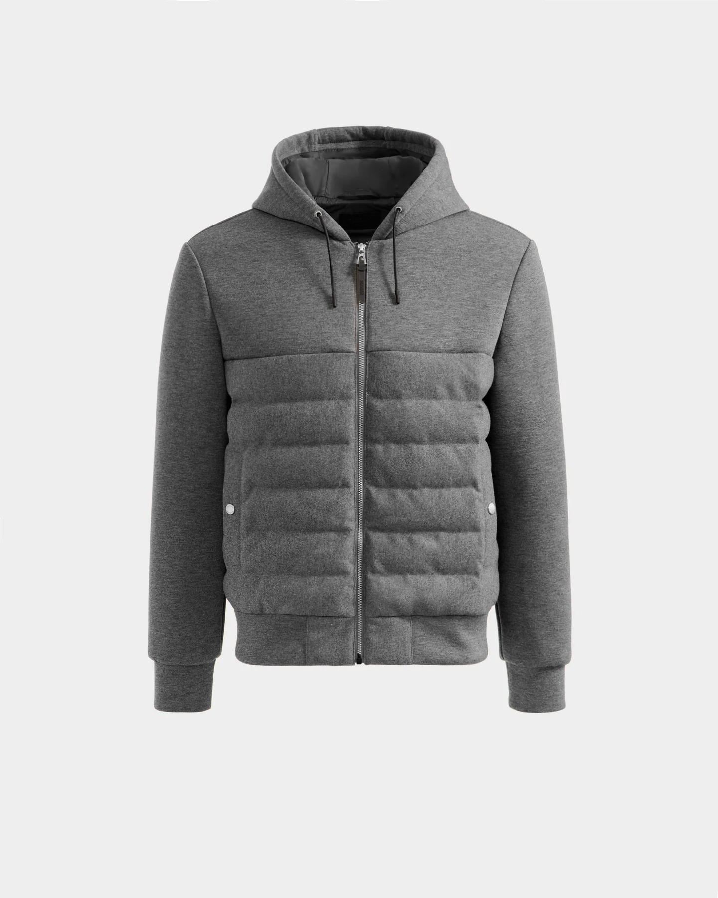 A front view of the Rudsak DEE W - 6125570 Heather Charcoal hybrid jacket, featuring a zip closure, quilted chest and torso, hood with drawstrings, and ribbed cuffs and hem, displayed on a plain white background.