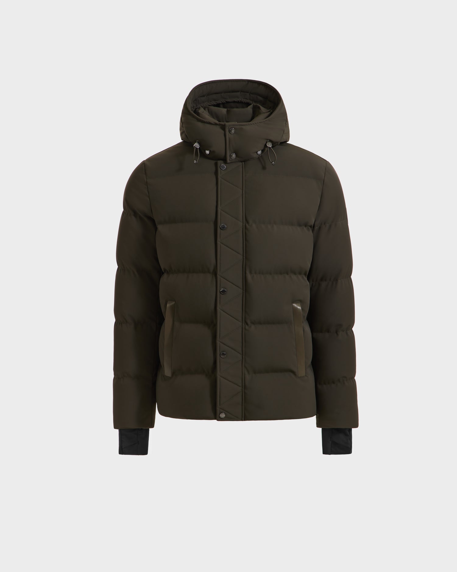 The Rudsak DOMINIC - 6125041 Dark Olive is a men’s down parka winter jacket with a hood, recycled shell, front snap buttons, side pockets, and black inner cuffs, shown against a plain light gray background.