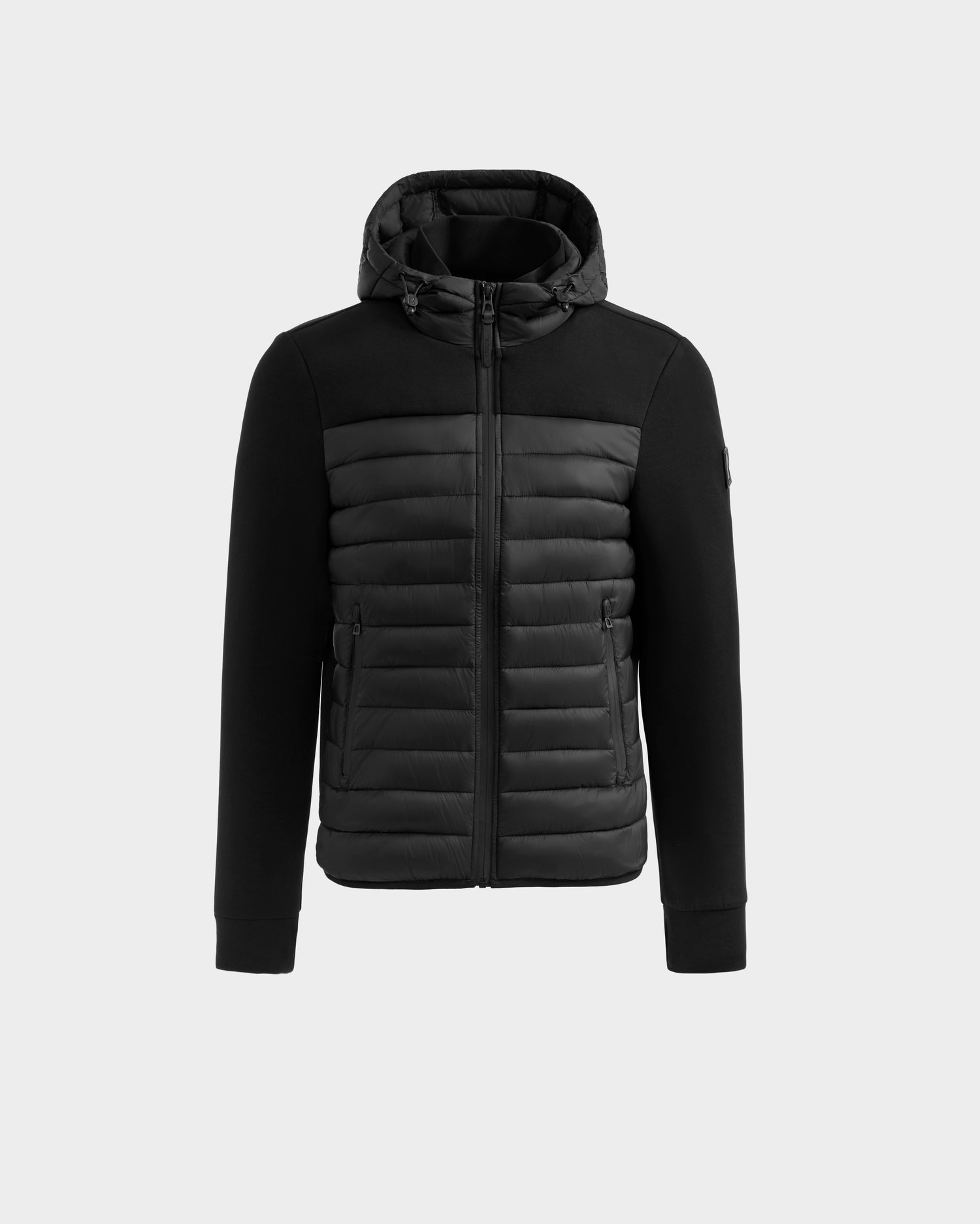 The Rudsak DURIN M - M125530 Black is a men's hooded jacket with a quilted, padded front, lightweight down insulation, zip-up closure with waterproof zippers, and smooth sleeves, shown on a white background.