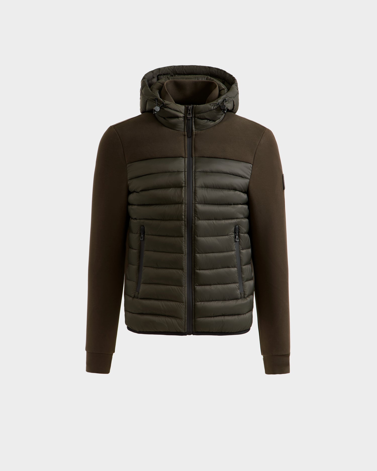 The Rudsak DURIN M - M125530 men's hooded jacket in dark olive features a zip-up front, quilted padded body with lightweight down insulation, smooth sleeves, and two zippered side pockets, shown on a light gray background.