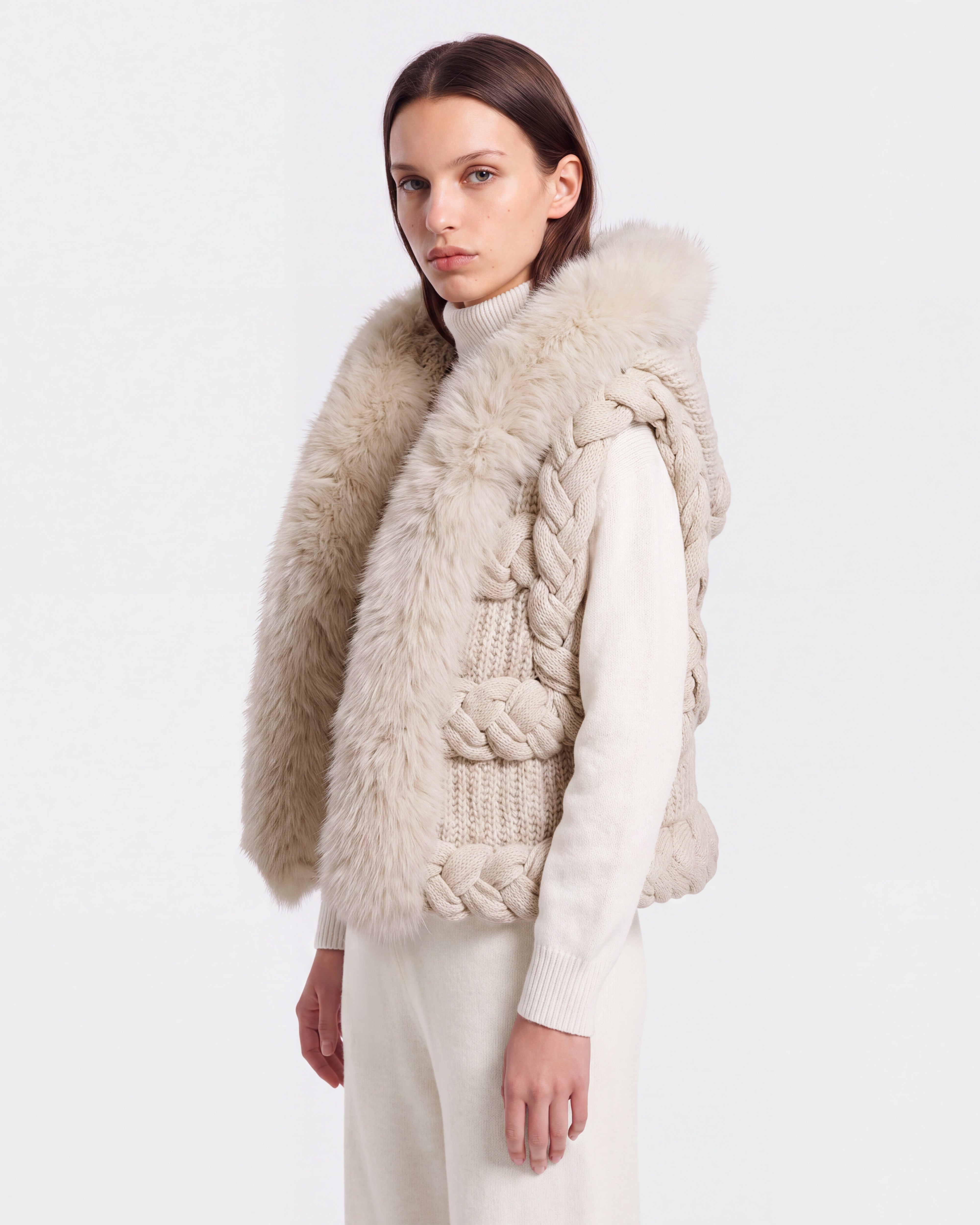 CICELY Vanilla Knit Vest: Braided, Faux Fur Hooded Comfort