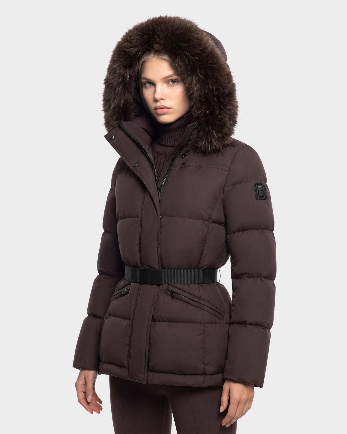 Rudsak GRACE FF - 8126535 Espresso dark brown puffer jacket with a fur-trimmed hood and a black waist belt.