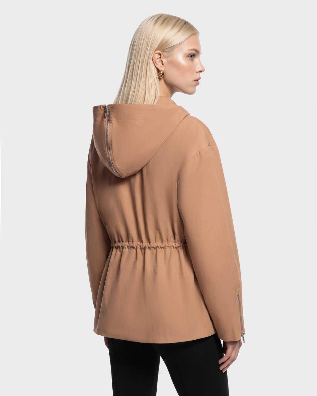 Camel-colored ROSALINDA - 8126523 Camel hooded jacket with a cinched drawstring waist and zippered sleeve cuffs.