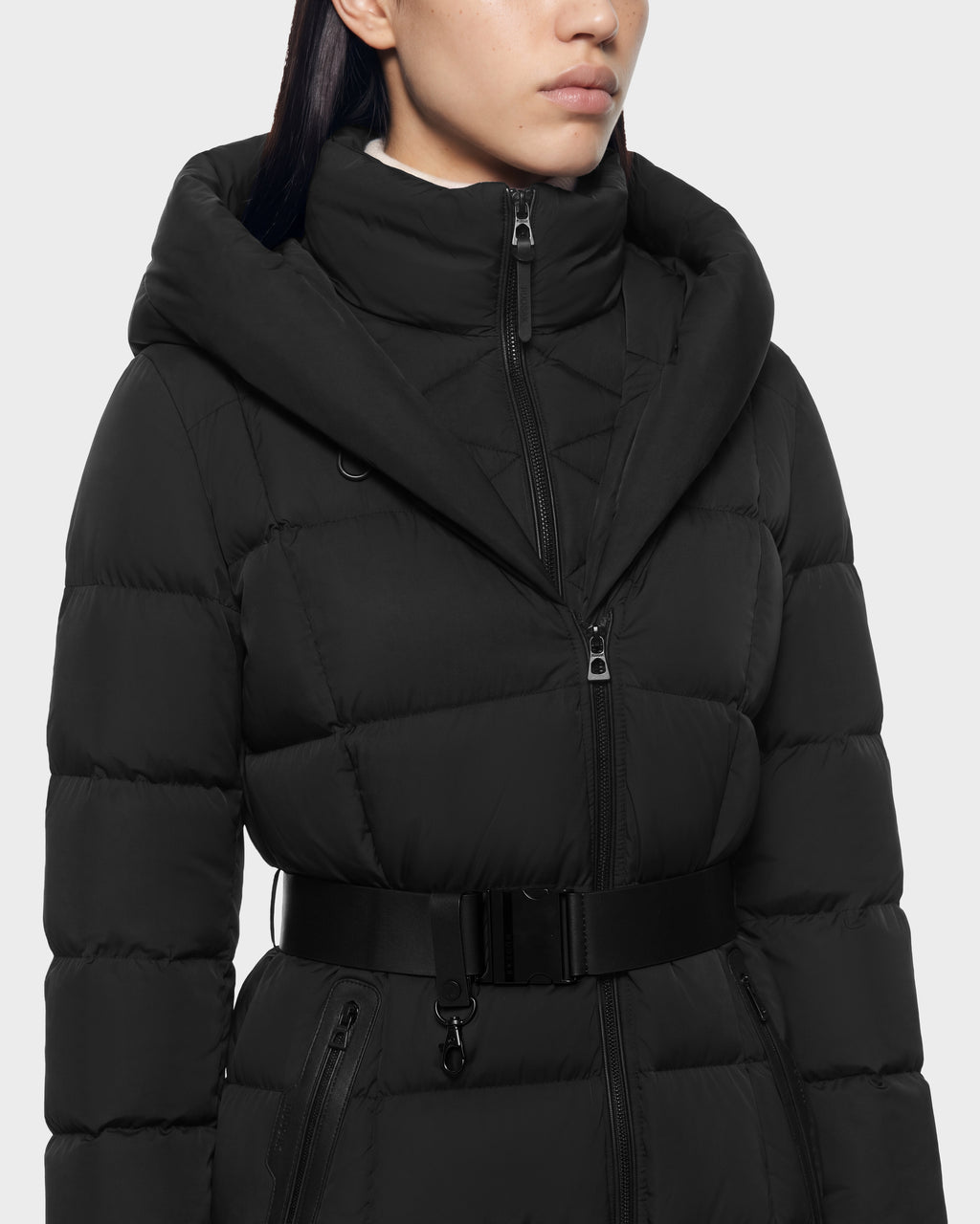 Rudsak TAYLOR M - 8125965 Black hooded puffer jacket featuring a wide belted waist and asymmetrical zipper closure, perfect as a cold weather coat.