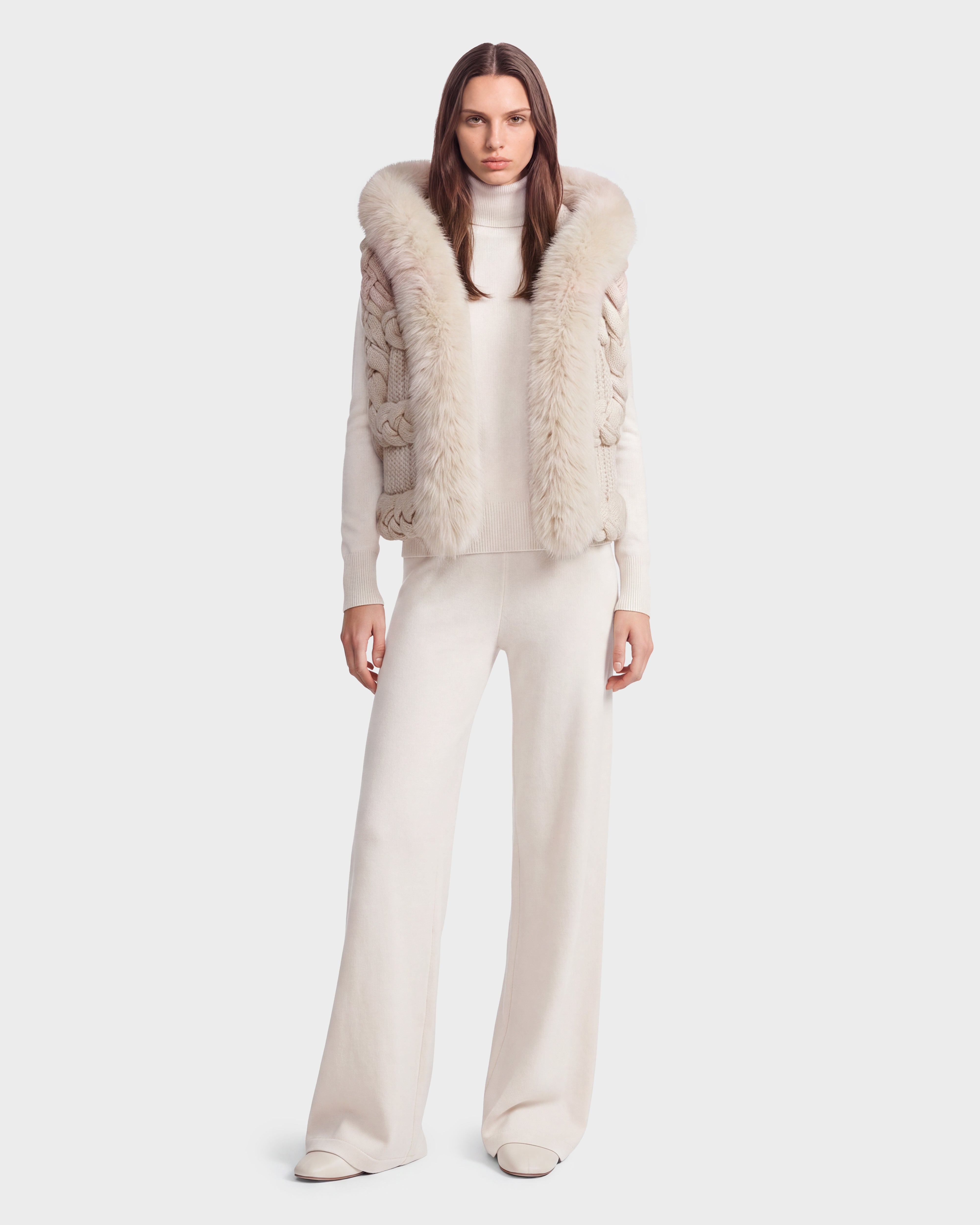 CICELY Vanilla Knit Vest: Braided, Faux Fur Hooded Comfort