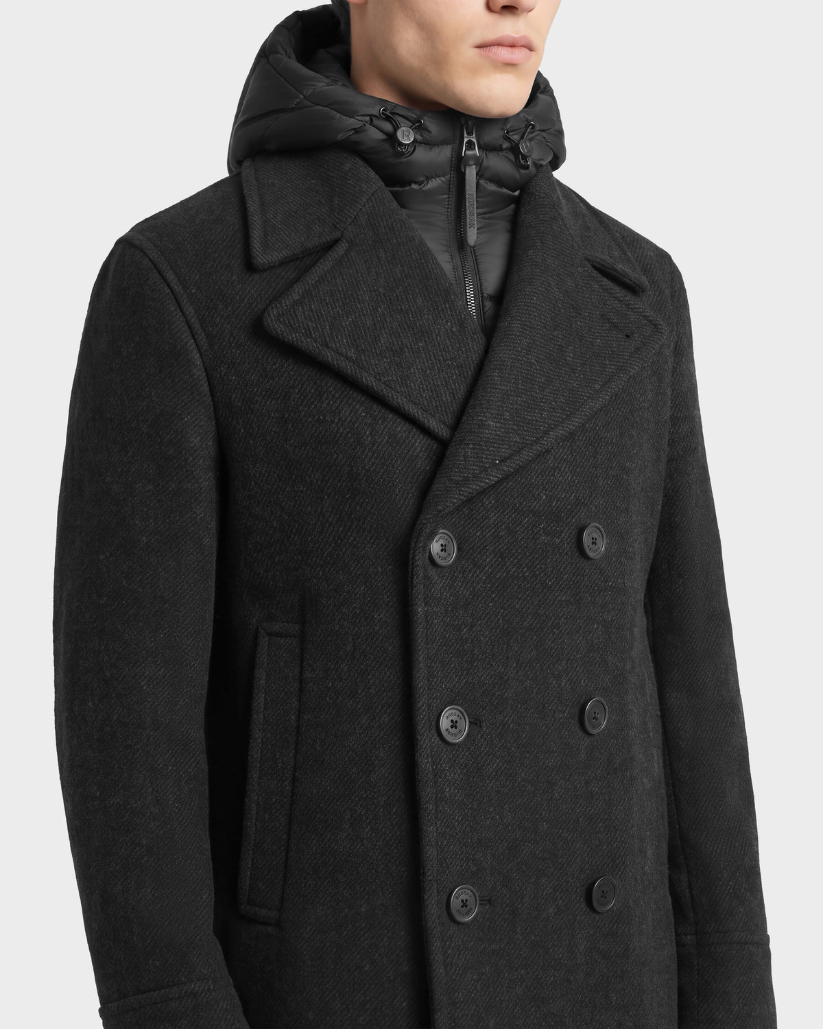 Charcoal LUCIEN - 6126508 wool-blend pea coat worn over a black duck down puffer jacket.