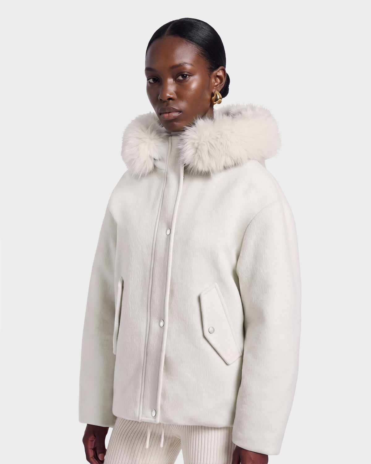 Off-white HAZEL - 8126981 Vanilla wool-blend hooded winter coat with a faux-fur trim.