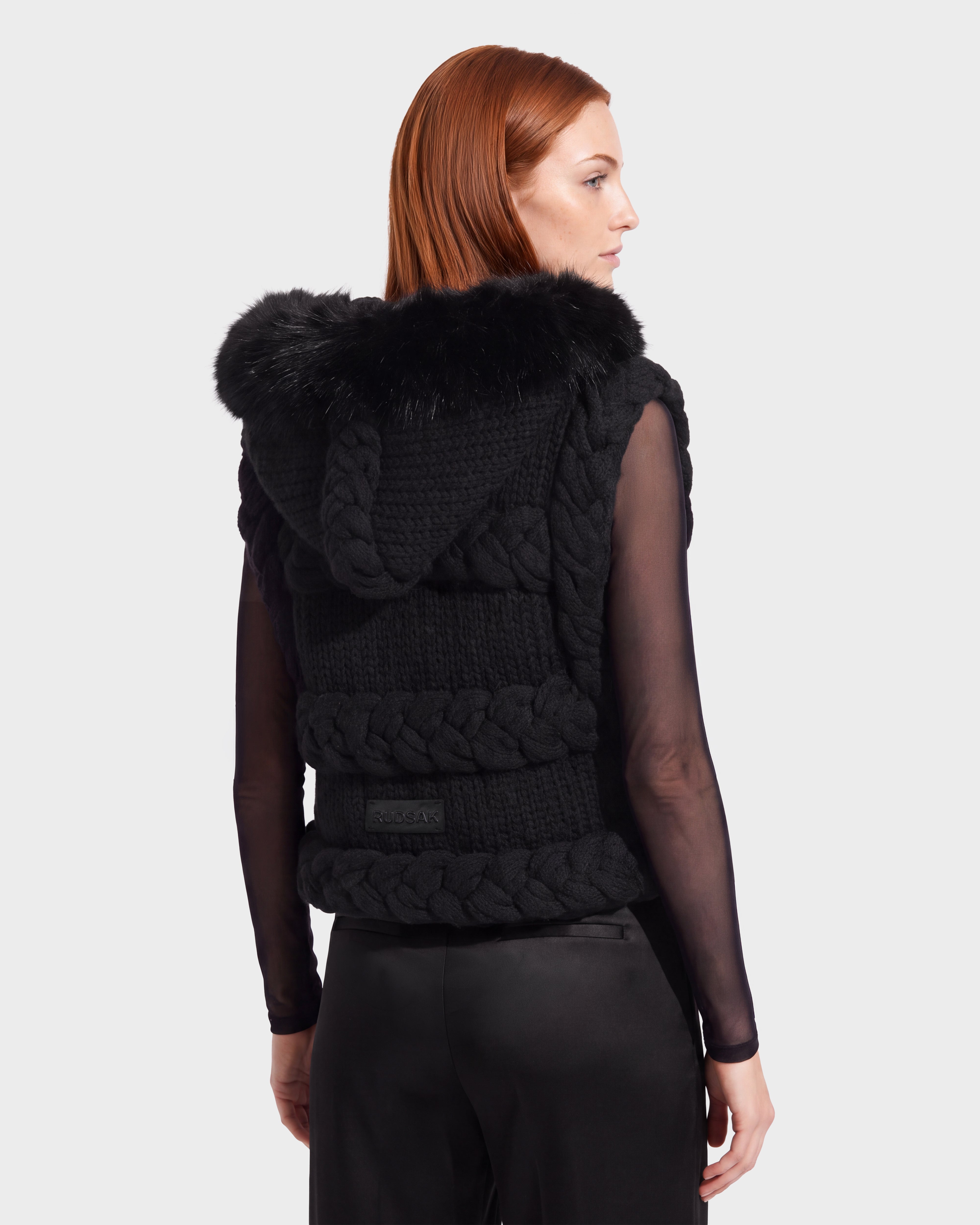 CICELY Black Braided Knit Vest - Faux Fur Trim Hood