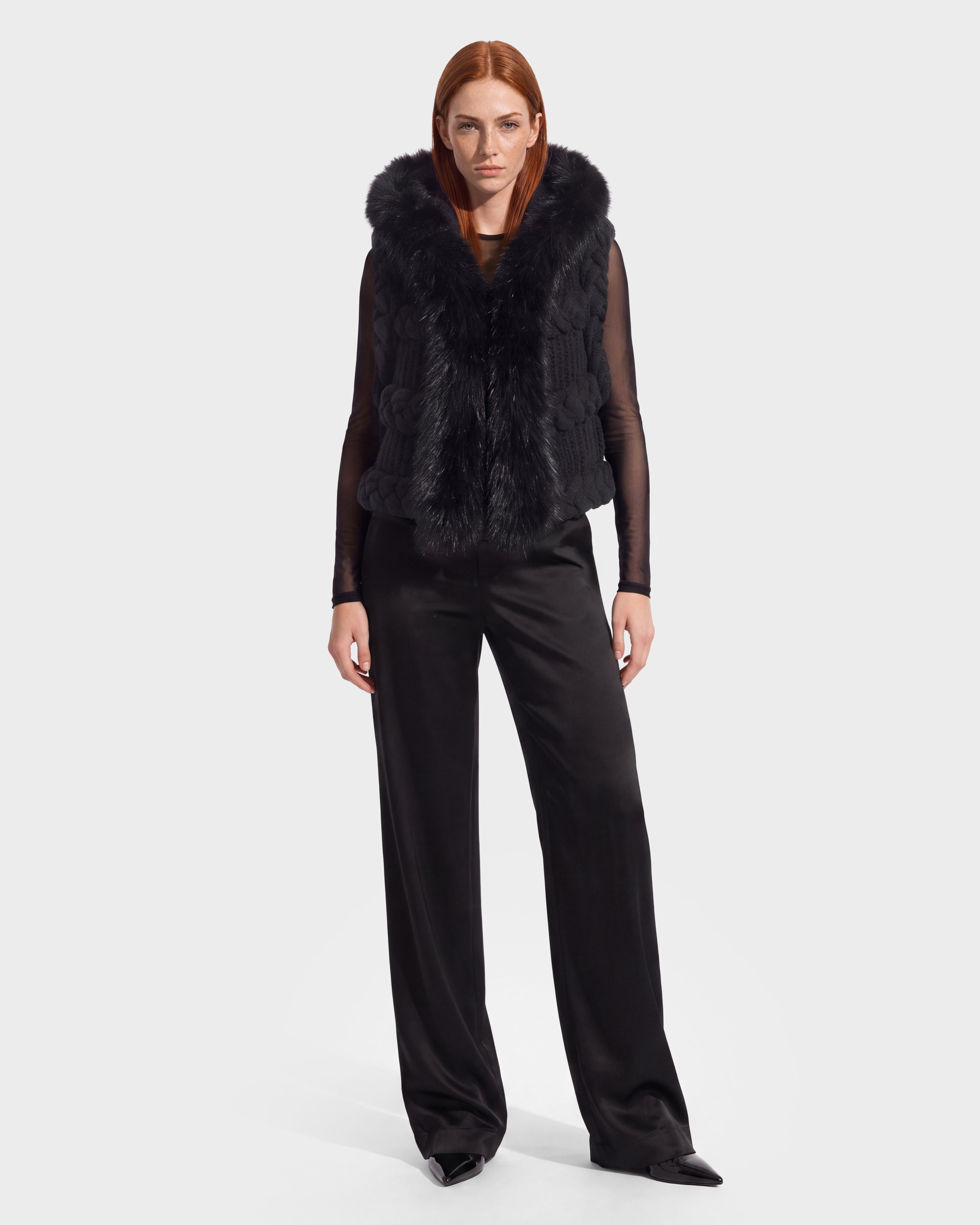CICELY Black Braided Knit Vest - Faux Fur Trim Hood