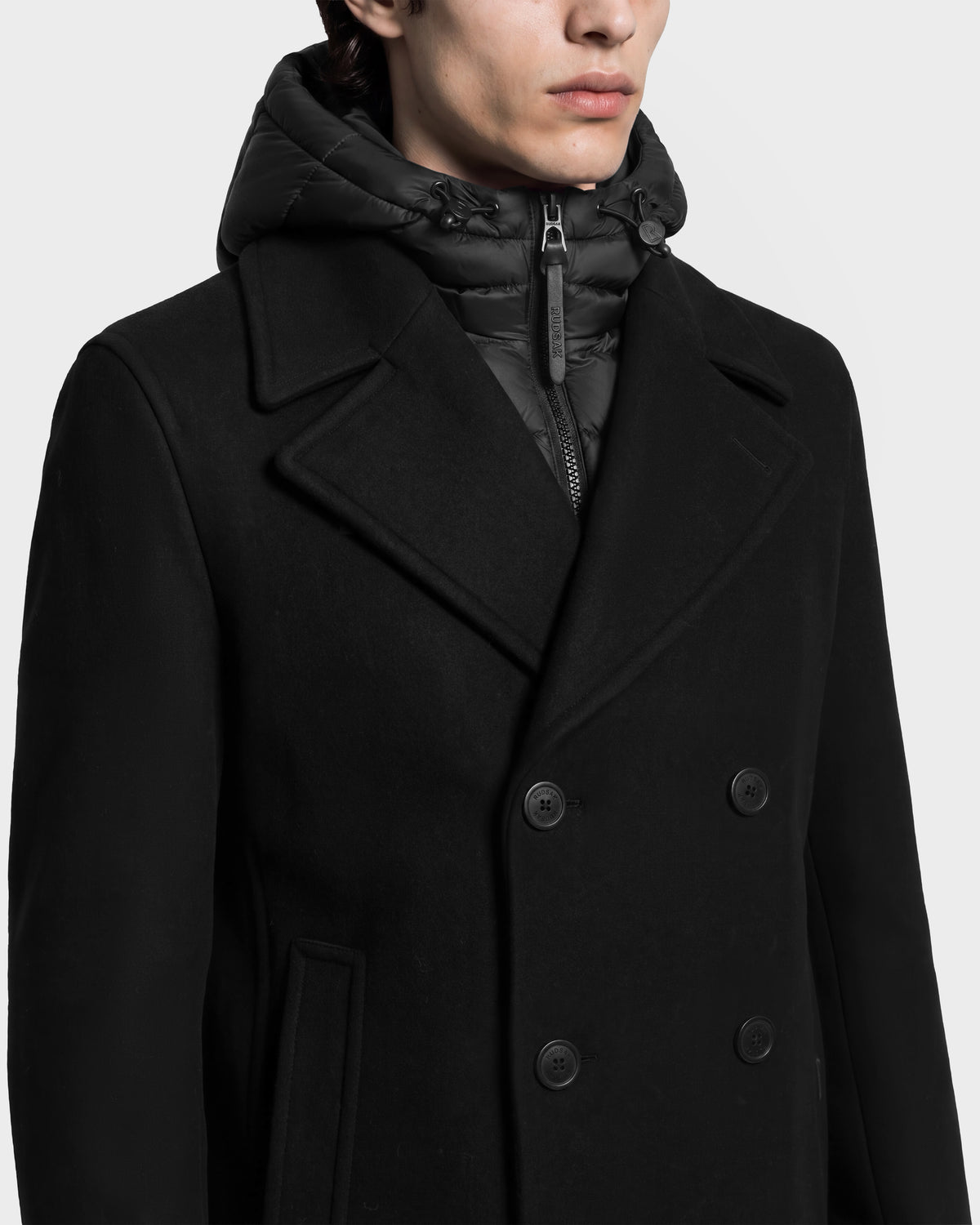 Black LUCIEN - 6126508 double-breasted wool-blend pea coat with a detachable, duck down insulated quilted hooded liner.
