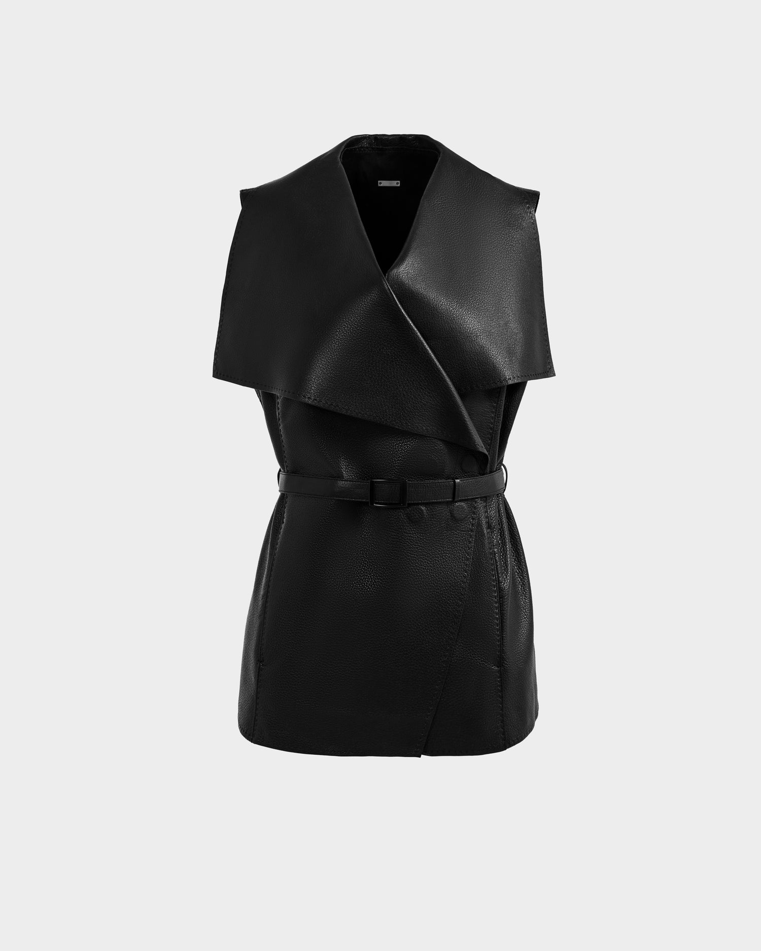 The ELEANOR - 8125584 Black by Rudsak is a sleeveless women's vest in black faux leather with wide lapels and a waist belt, shown on a plain light grey background.