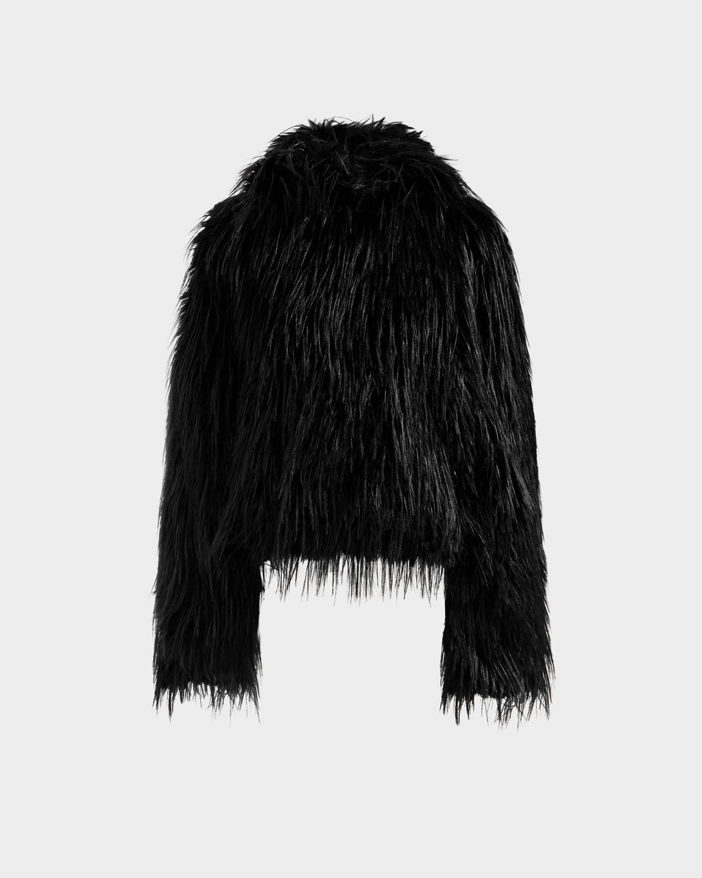 The ELLISON - 8525678 Black by Rudsak is a black faux fur jacket with long sleeves, an oversized hood, and a slightly cropped fit—ideal for après-ski style—shown against a light gray background.