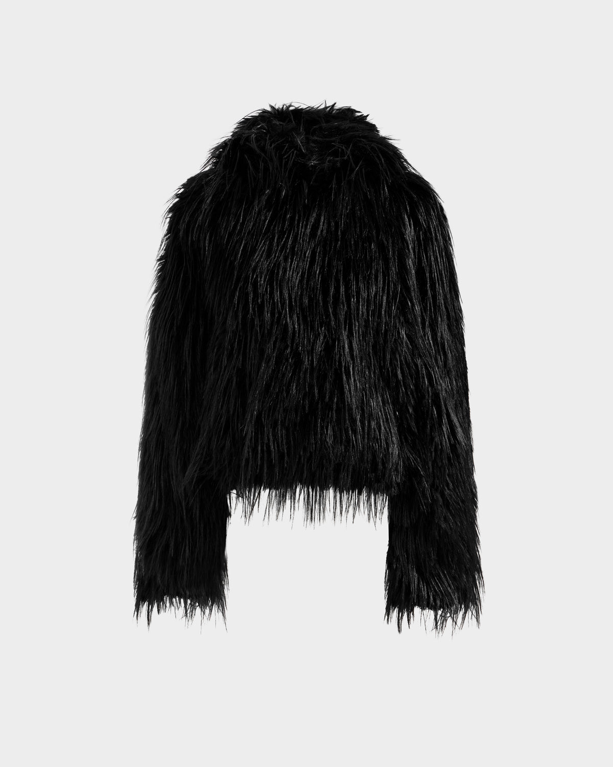 The ELLISON - 8525678 Black by Rudsak is a black faux fur jacket with long sleeves, an oversized hood, and a slightly cropped fit—ideal for après-ski style—shown against a light gray background.