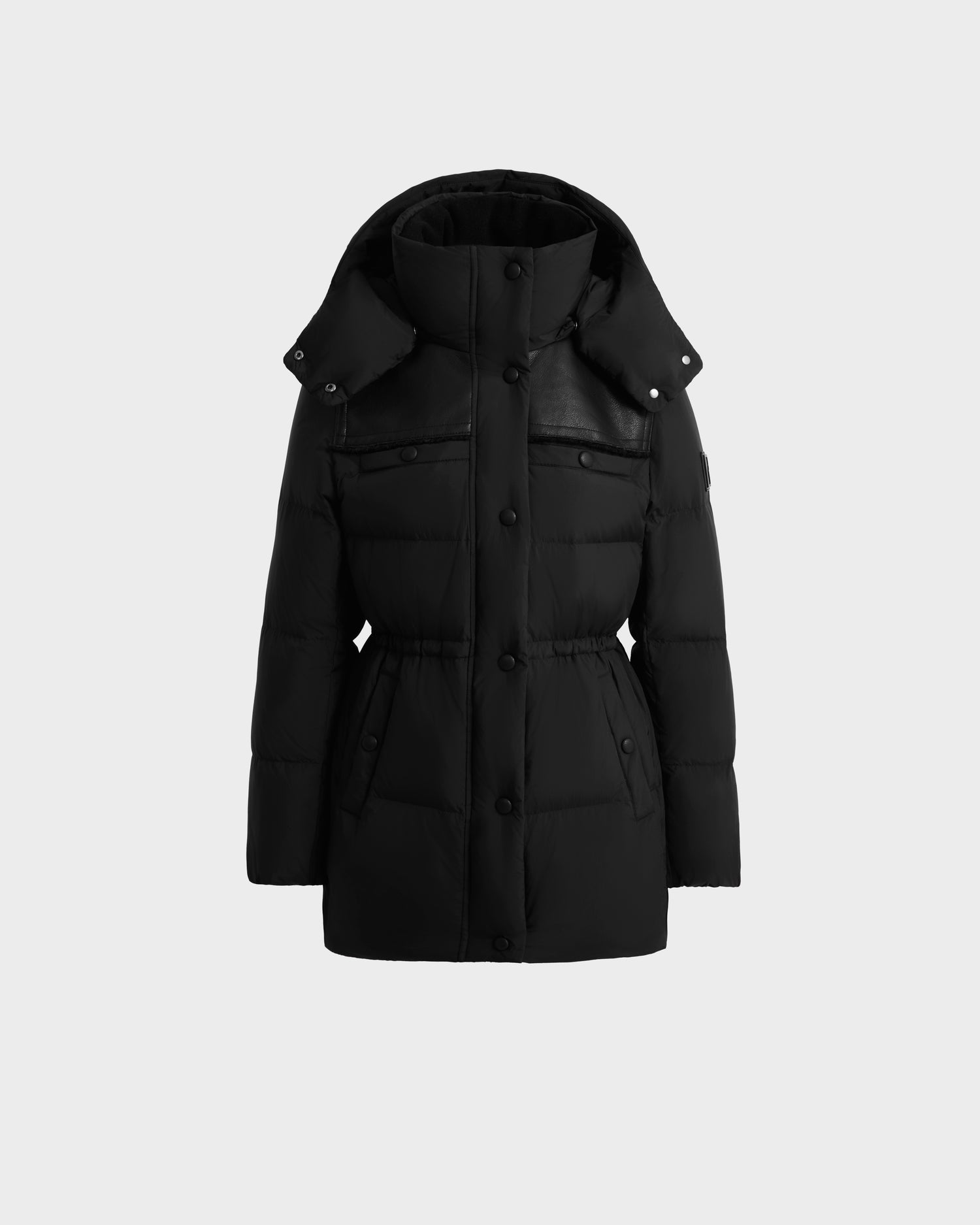 The Rudsak EMBER M-M - L125524 Black is a women's mid-length puffer jacket with RDS-certified down, a high collar, hood, button front, zippered chest pockets, flap waist pockets, and cinched waist—shown on a light gray background.