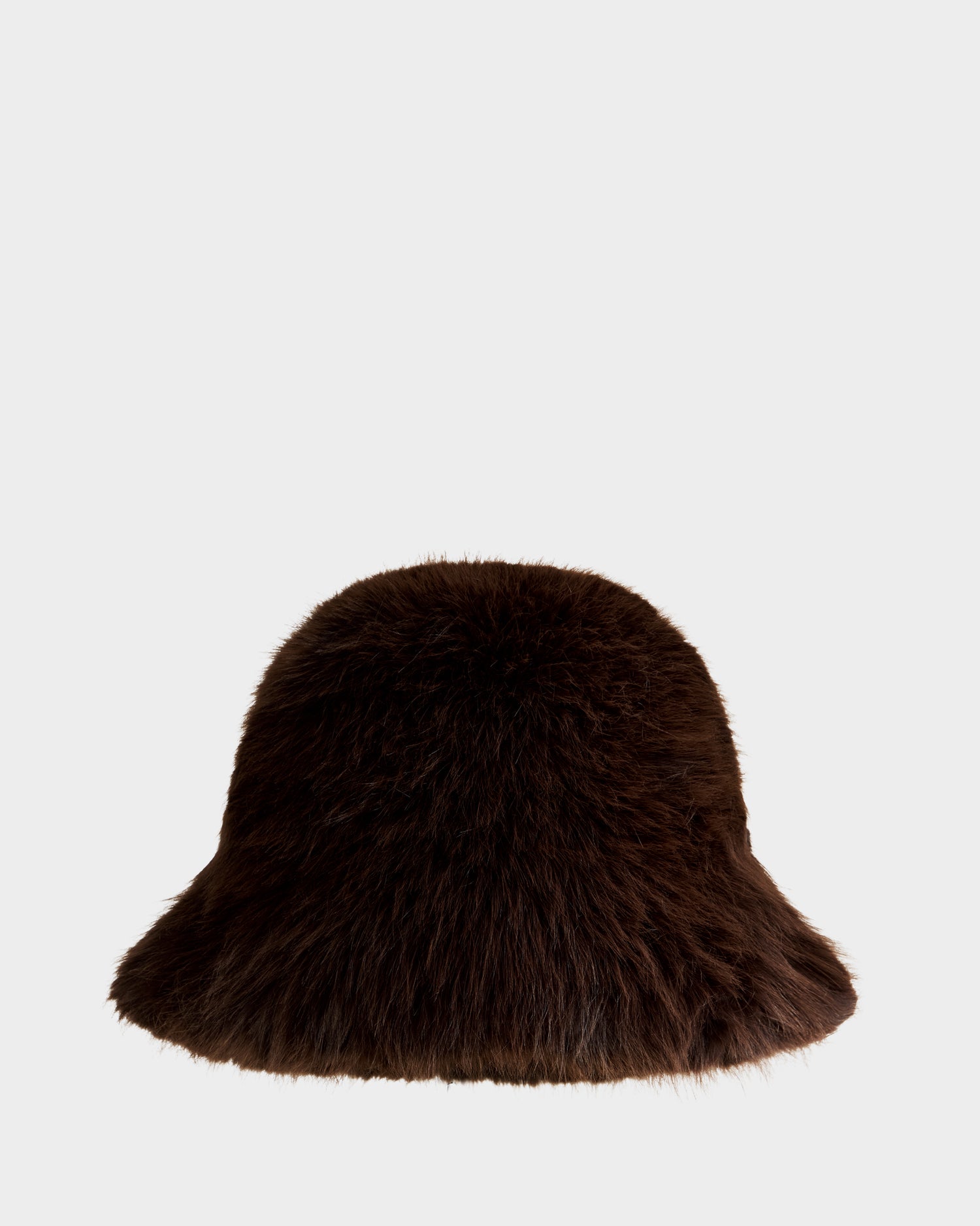 The ROMINA - 8425545 Espresso by Rudsak is a dark brown, fluffy faux fur bucket hat with a soft texture and wide brim, styled as a cozy accessory for women, shown centered on a plain white background.