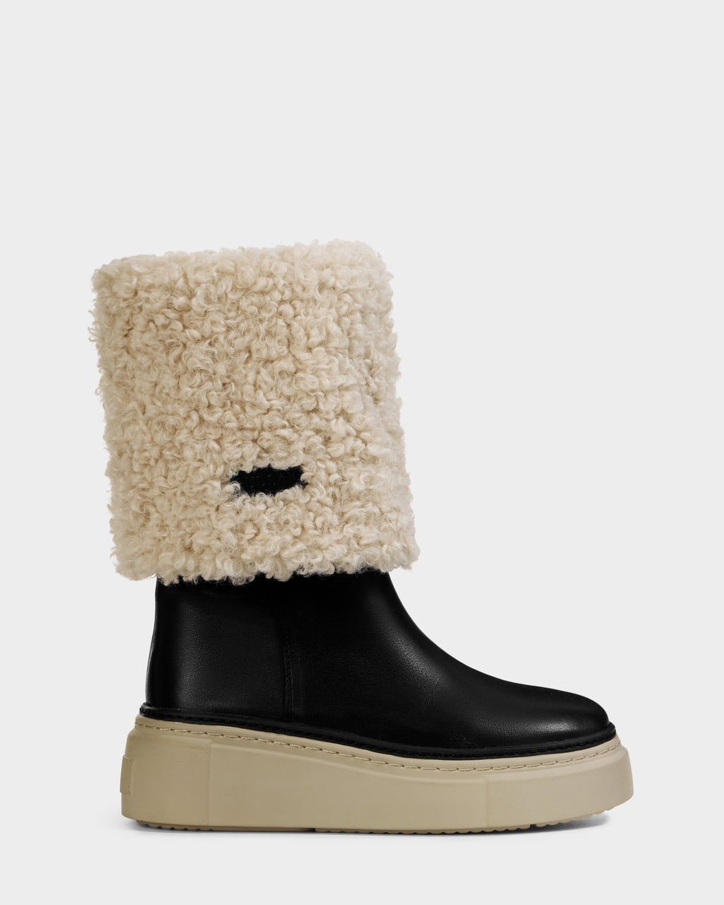 The MIKIE L - 8225580 Black boot by Rudsak is a women’s leather shearling boot with a thick cream cuff and chunky beige platform sole, shown against a plain light background—ideal for cold-weather style.