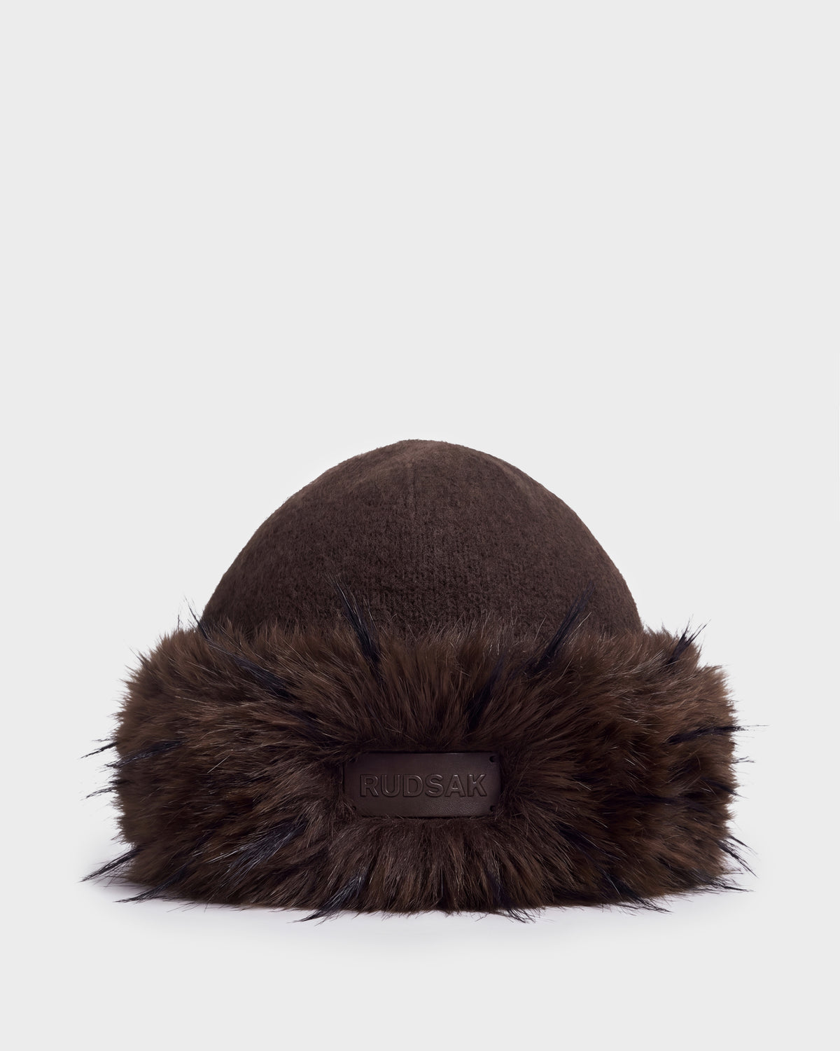 Dark brown LORETTA W - 8426510 Espresso knit beanie with a thick faux fur cuff and a RUDSAK logo patch on the front.