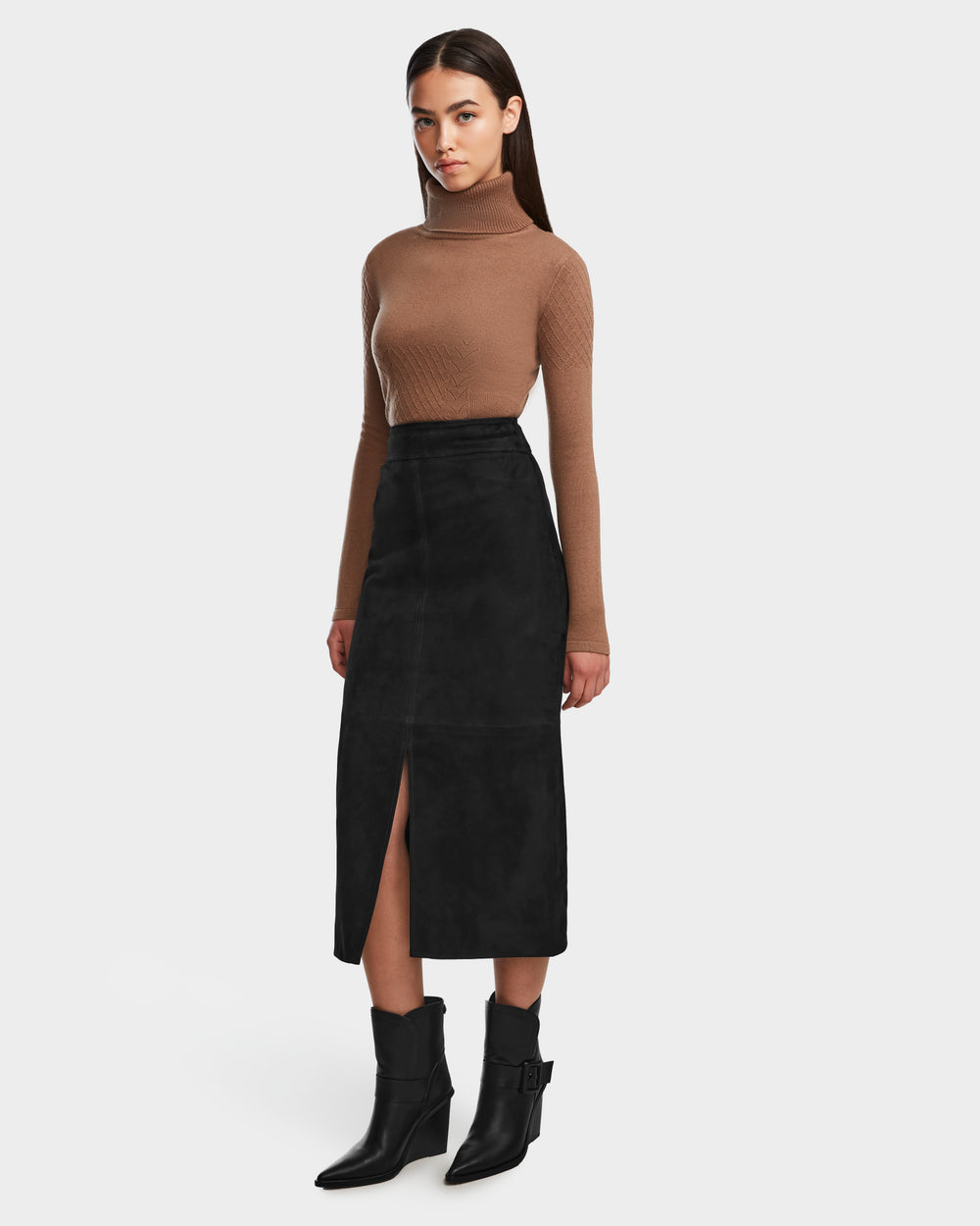 ARTEMIS Luxe Suede Skirt for Women | Chic Front Slit Black