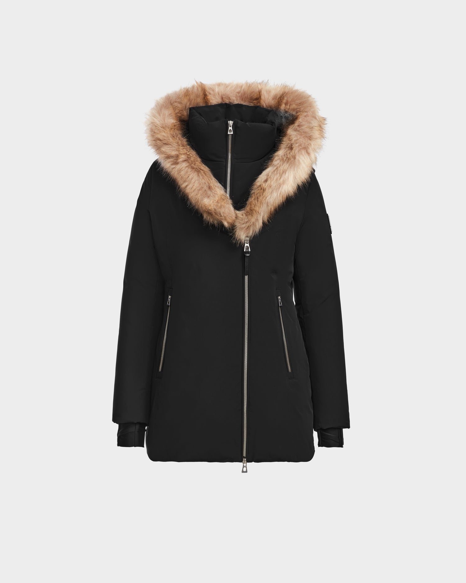 The Rudsak AURORE - L123561 Black/Natural parka features a weather-resistant finish, zip-up front, large brown faux fur-lined hood, and two vertical zippered side pockets.