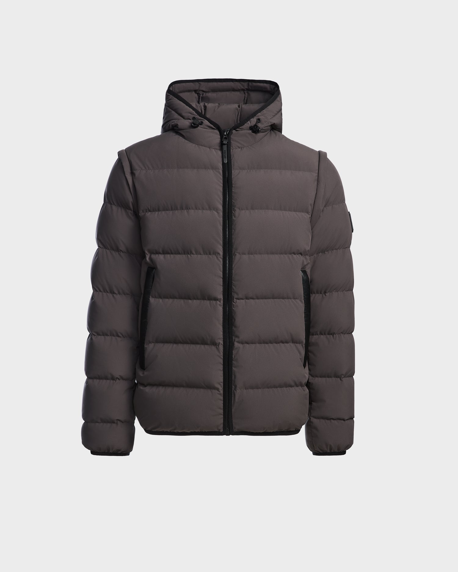 The Rudsak DEMIAN M-R - M123504 Grey is a mens down puffer jacket with horizontal quilting, front zipper closure, and side pockets, made from sustainable recycled fabric and shown on a plain white background.