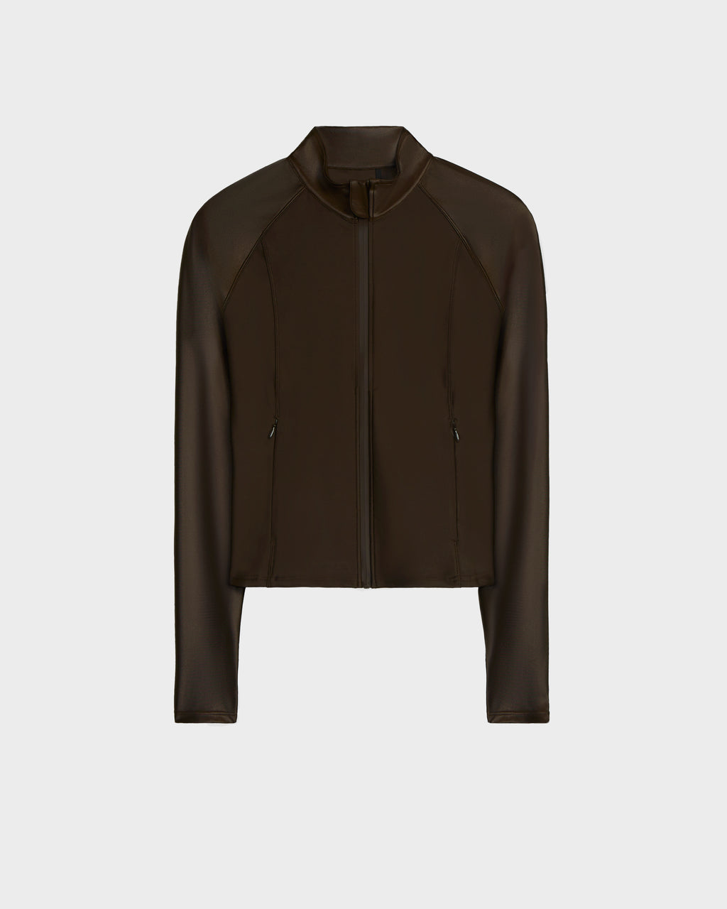 The Rudsak EVA - 8524514 Espresso is a dark brown, long-sleeve women’s cropped zip-up top with a waterproof zipper and simple collar, shown against a white background.