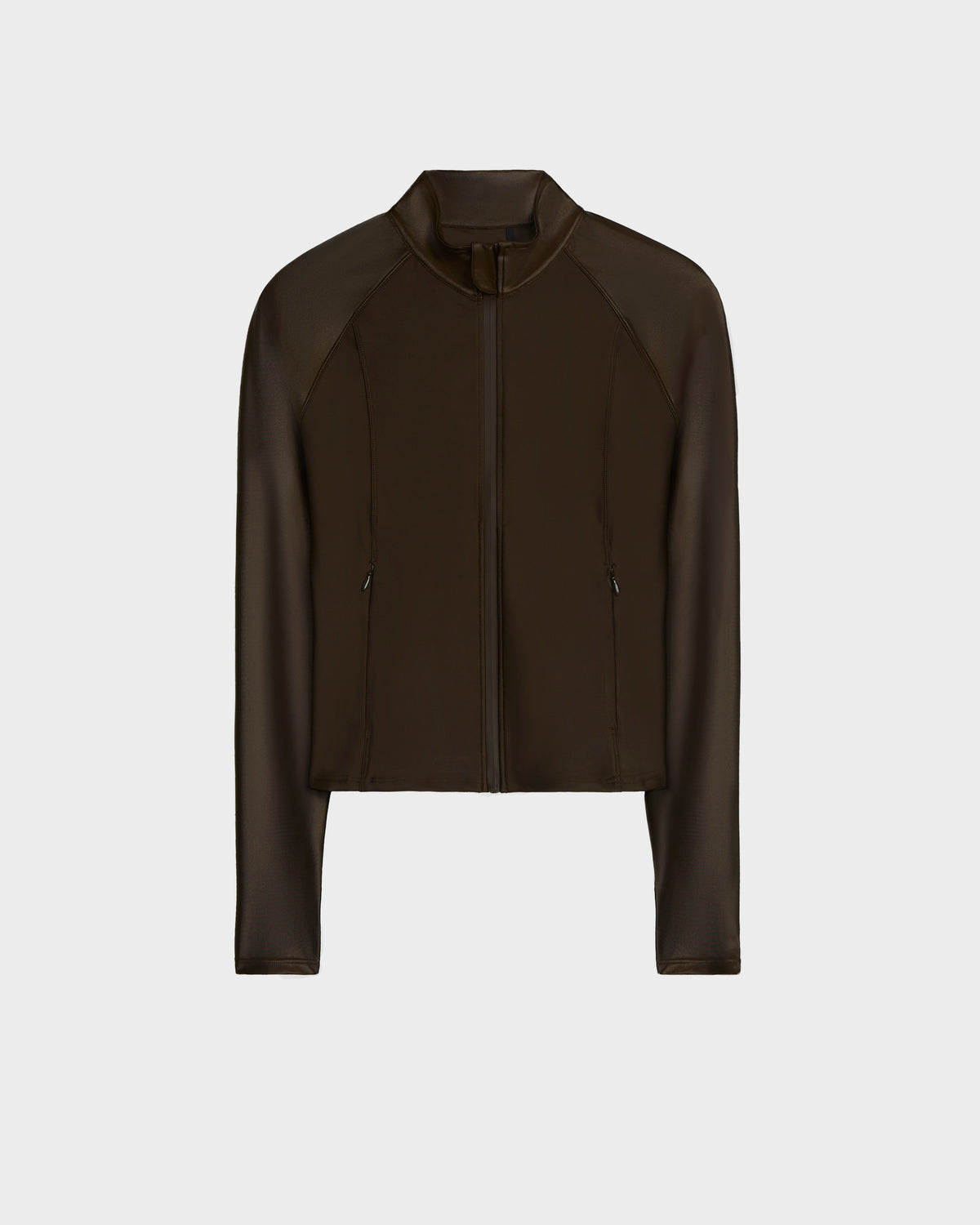 The Rudsak EVA - 8524514 Espresso is a dark brown, long-sleeve women’s cropped zip-up top with a waterproof zipper and simple collar, shown against a white background.