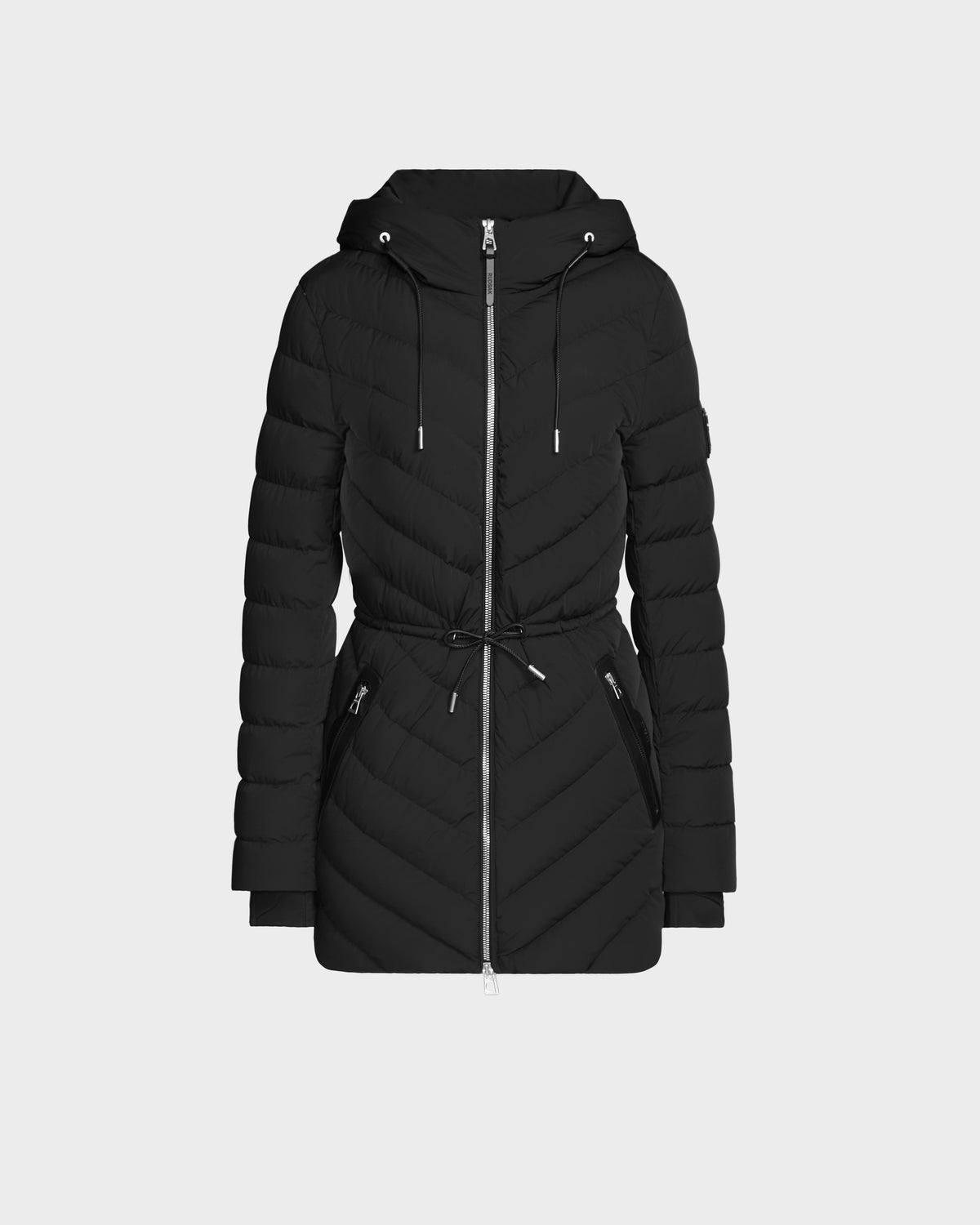 The Rudsak FRANCINE - 8124722 Black is a womens quilted light down puffer coat with a hood, long sleeves, front zipper, two zippered pockets, and a drawstring waist, shown against a plain white background.