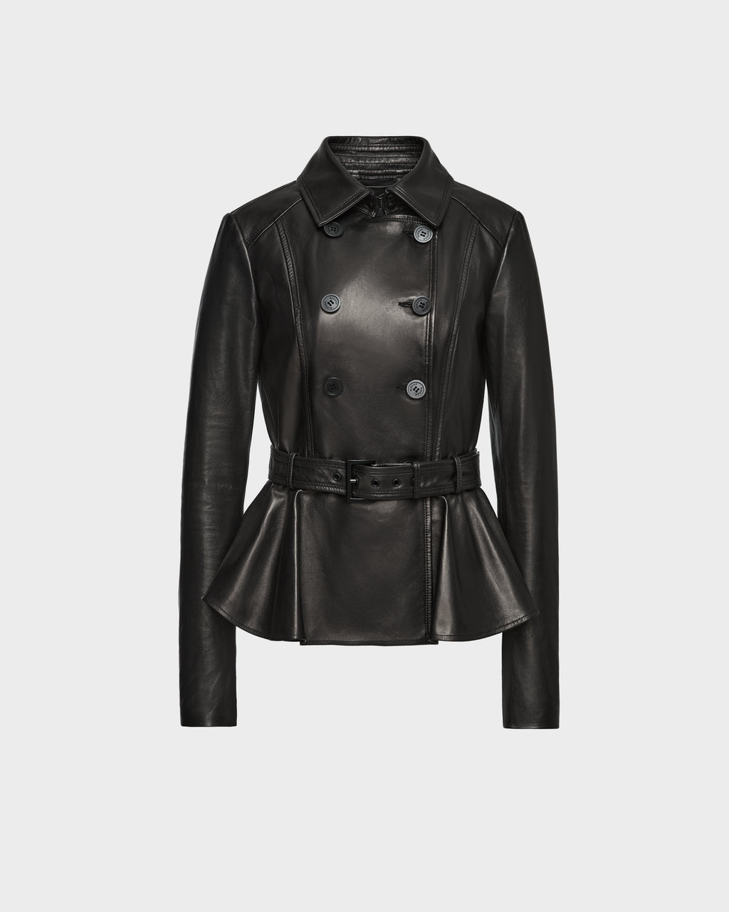 The GABRIELLE - 8124577 Black by Rudsak is a black fitted leather jacket with a double-breasted front, belted waist, long sleeves, and a peplum hem, shown against a plain light gray background.