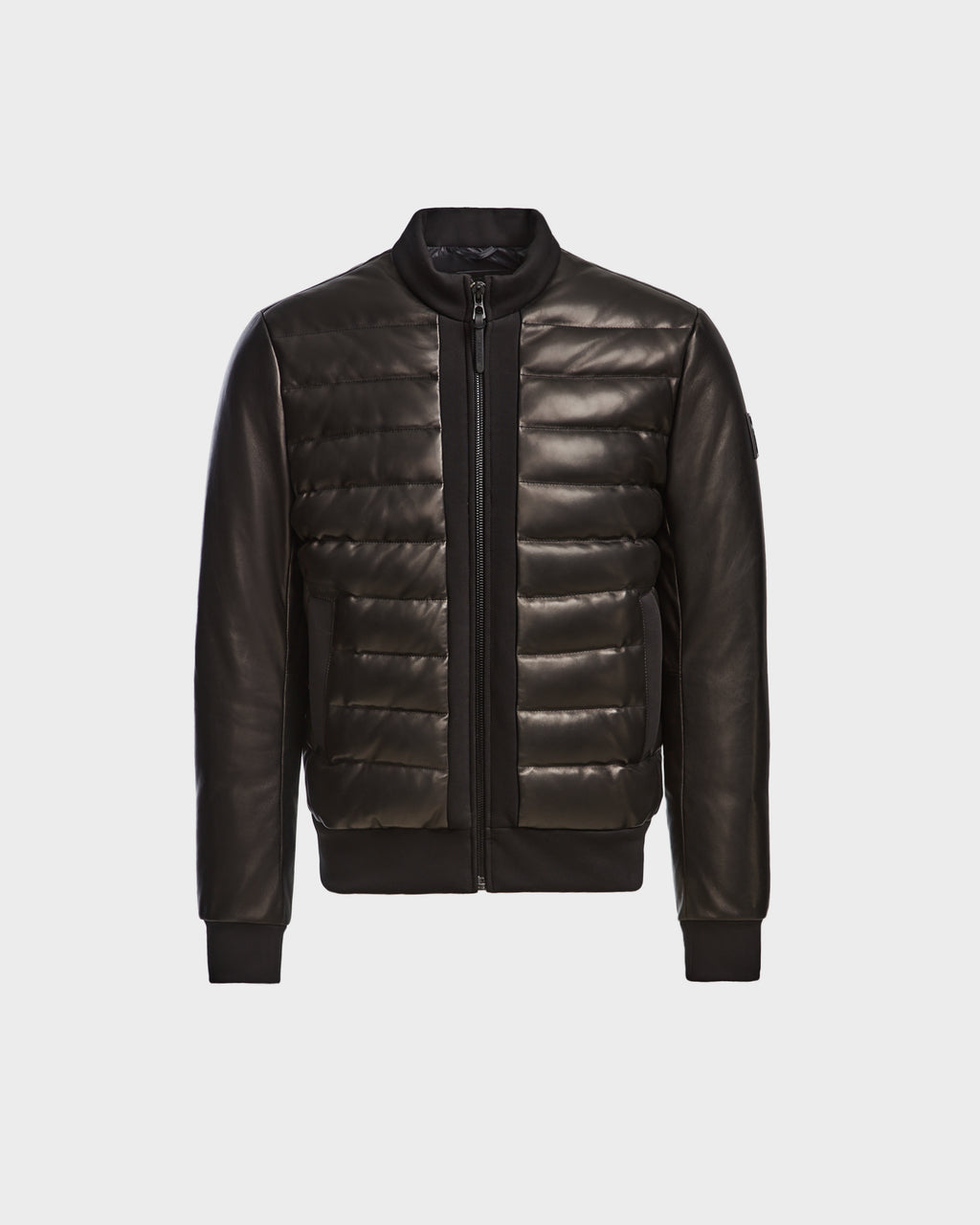 The Rudsak JIMMY X - 6124540 Black mens bomber jacket features quilted leather panels, RDS-certified down insulation, a zip-up closure, ribbed cuffs and waistband—all shown on a plain white background.