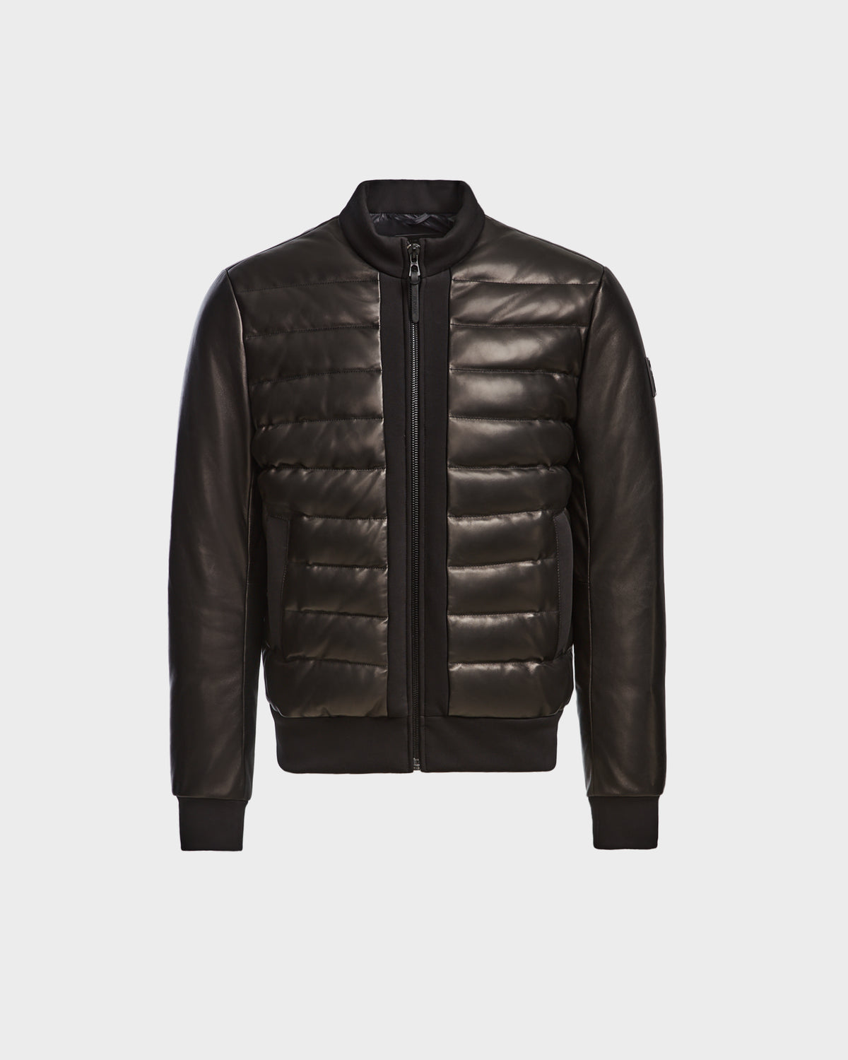 The Rudsak JIMMY X - 6124540 Black mens bomber jacket features quilted leather panels, RDS-certified down insulation, a zip-up closure, ribbed cuffs and waistband—all shown on a plain white background.