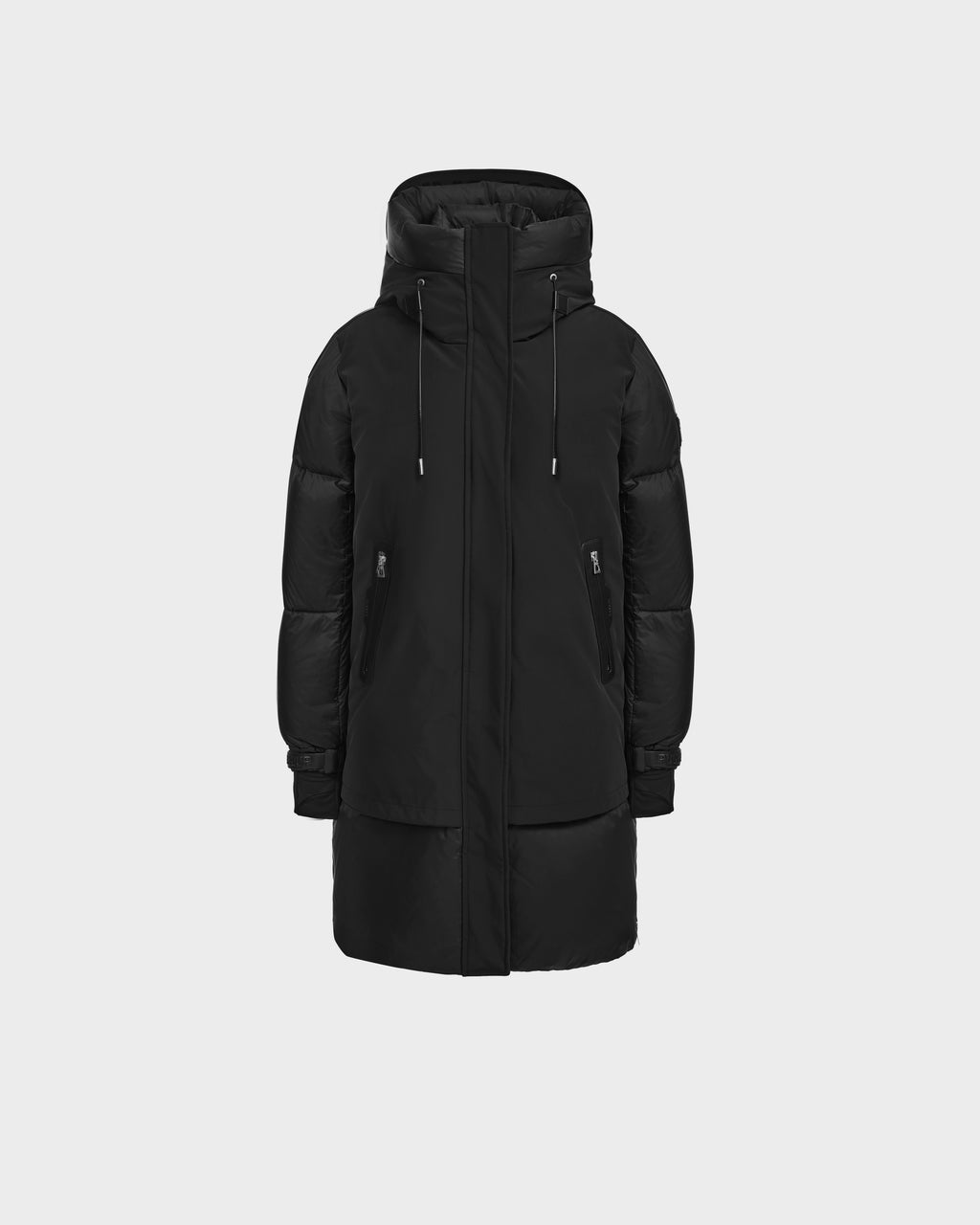 The Rudsak LAYAN - 8124576 Black/Black parka features a high collar, hood, front zipper, two zippered pockets, and drawstrings, shown on a plain white background.