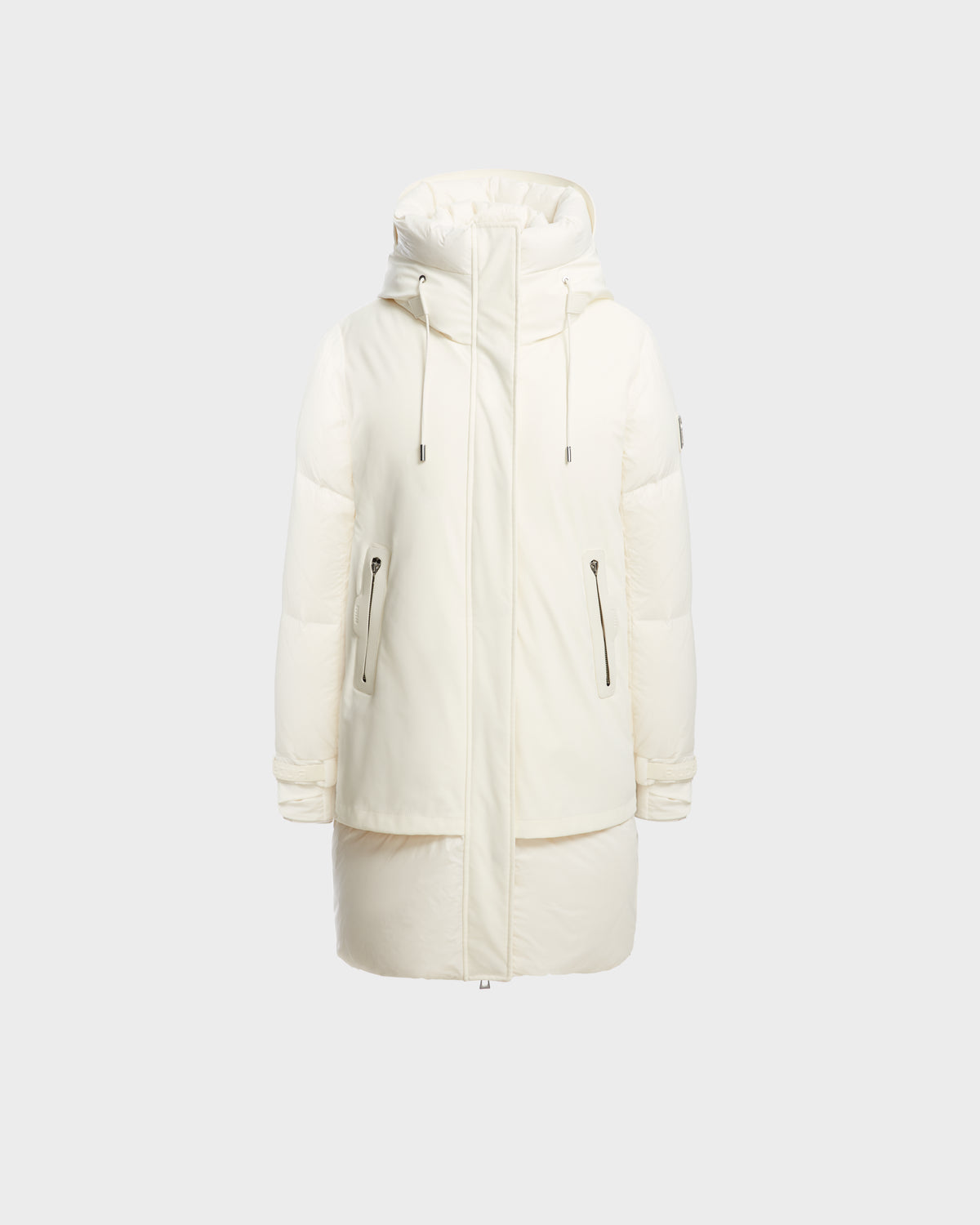 The LAYAN - 8124576 Iceland by Rudsak is a long, white womens down parka with a hood, front zipper, two vertical zippered pockets, and adjustable drawstrings, shown against a plain light gray background.