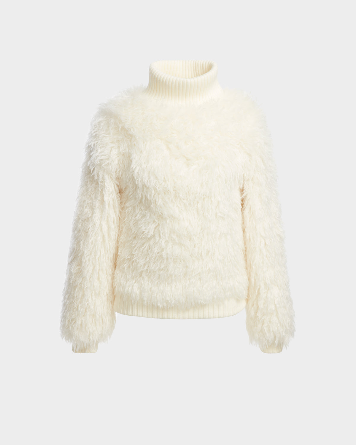The LAYLA M - 8524600 Iceland by Rudsak is a fluffy womens off-white faux Mongolian fur turtleneck sweater with thick ribbed cuffs and collar, shown on a plain light gray background—ideal for après-ski style.