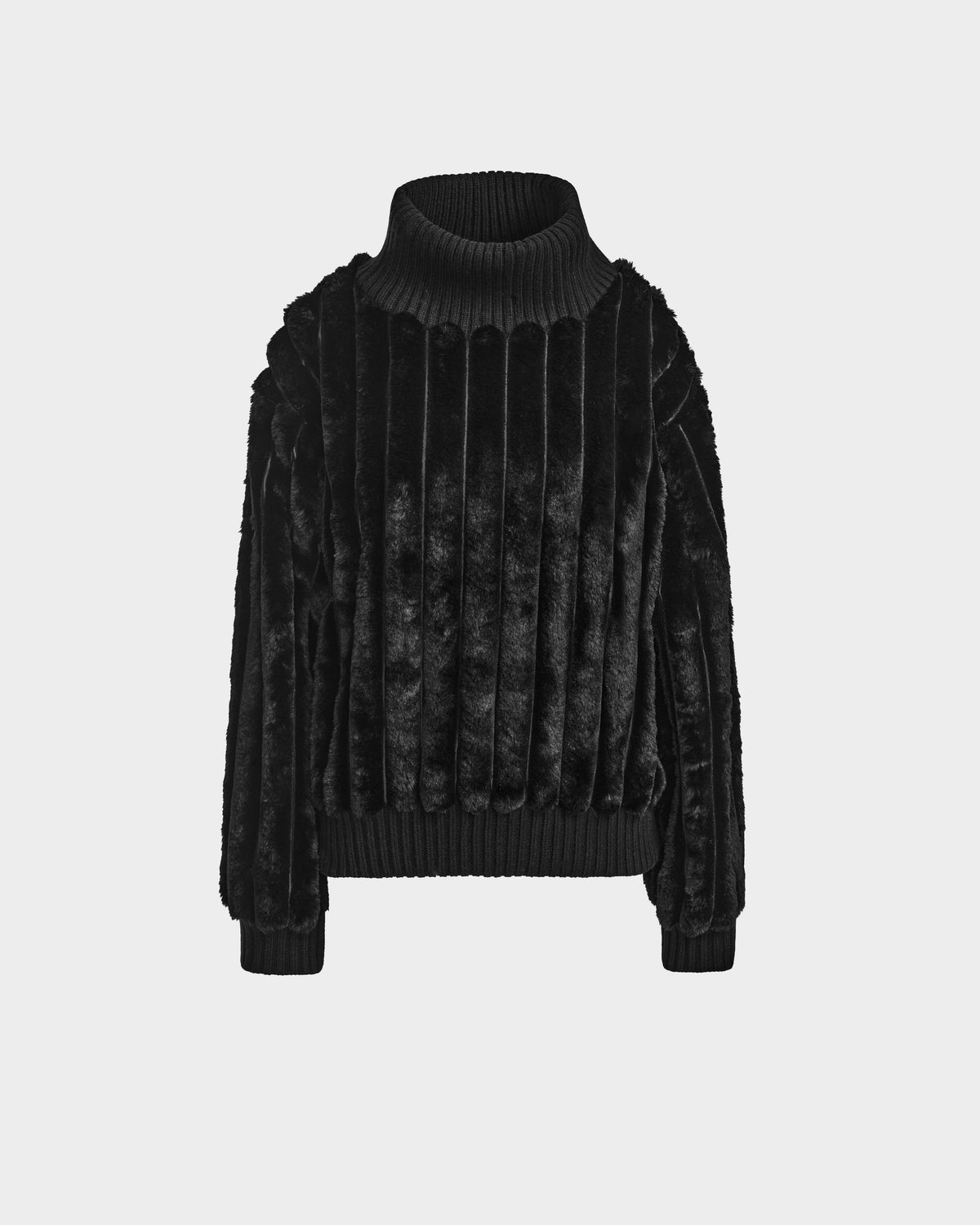 The LAYLA - 8524610 Black by Rudsak is a women’s faux fur turtleneck sweater with vertical textured lines, ribbed cuffs, and a plush feel—ideal for adding a touch of luxury to any look.