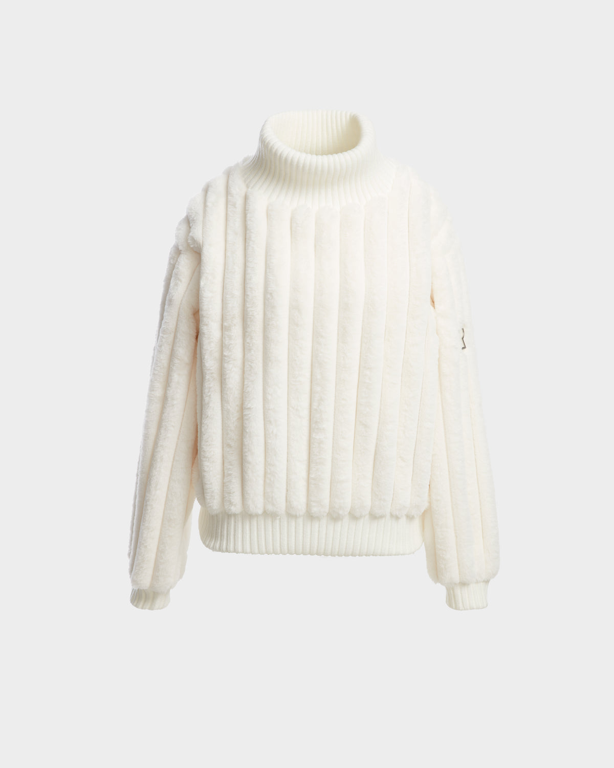 The LAYLA - 8524610 Iceland by Rudsak is a white, long-sleeve ribbed pullover sweater featuring a turtleneck and textured vertical stripes, shown on a plain light background.