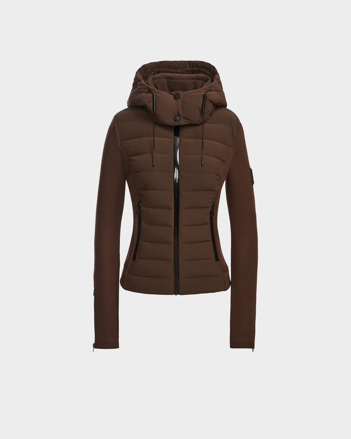 The Rudsak MABS - 8124825 Espresso is a brown, fitted womens puffer jacket with a hood, front zipper, and two zippered pockets. This lightweight short jacket combines style and comfort against a plain white background.