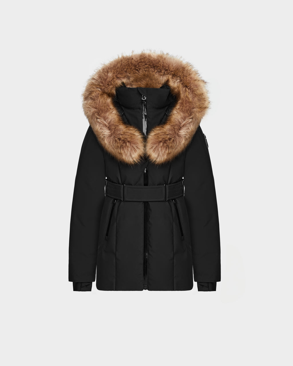 The Rudsak MODA K - 0124505 Black is a recycled nylon winter coat with a large hood trimmed in brown faux fur, belted waist, front zipper closure, and two zippered pockets, shown on a plain light gray background.