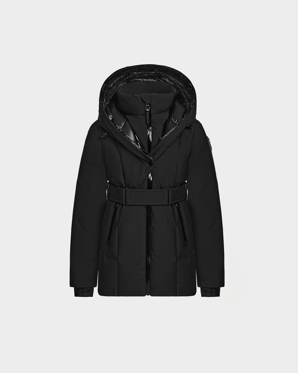 The Rudsak MODA K - 0124505 Black is a belted winter coat featuring a hood, front zipper, and two side pockets, crafted from recycled nylon. Shown here against a plain white background.