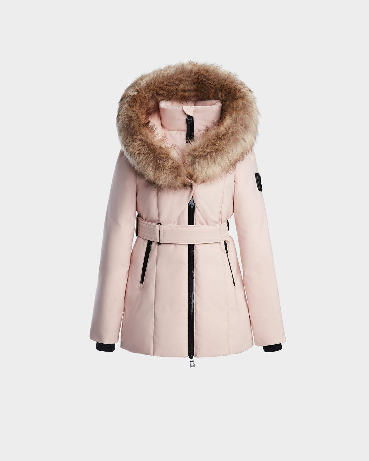 The Rudsak MODA K - 0124505 Pastel Pink girls’ down parka features a belted waist, black zipper accents, and a large hood with brown faux fur trim, crafted from recycled nylon and shown on a plain white background.