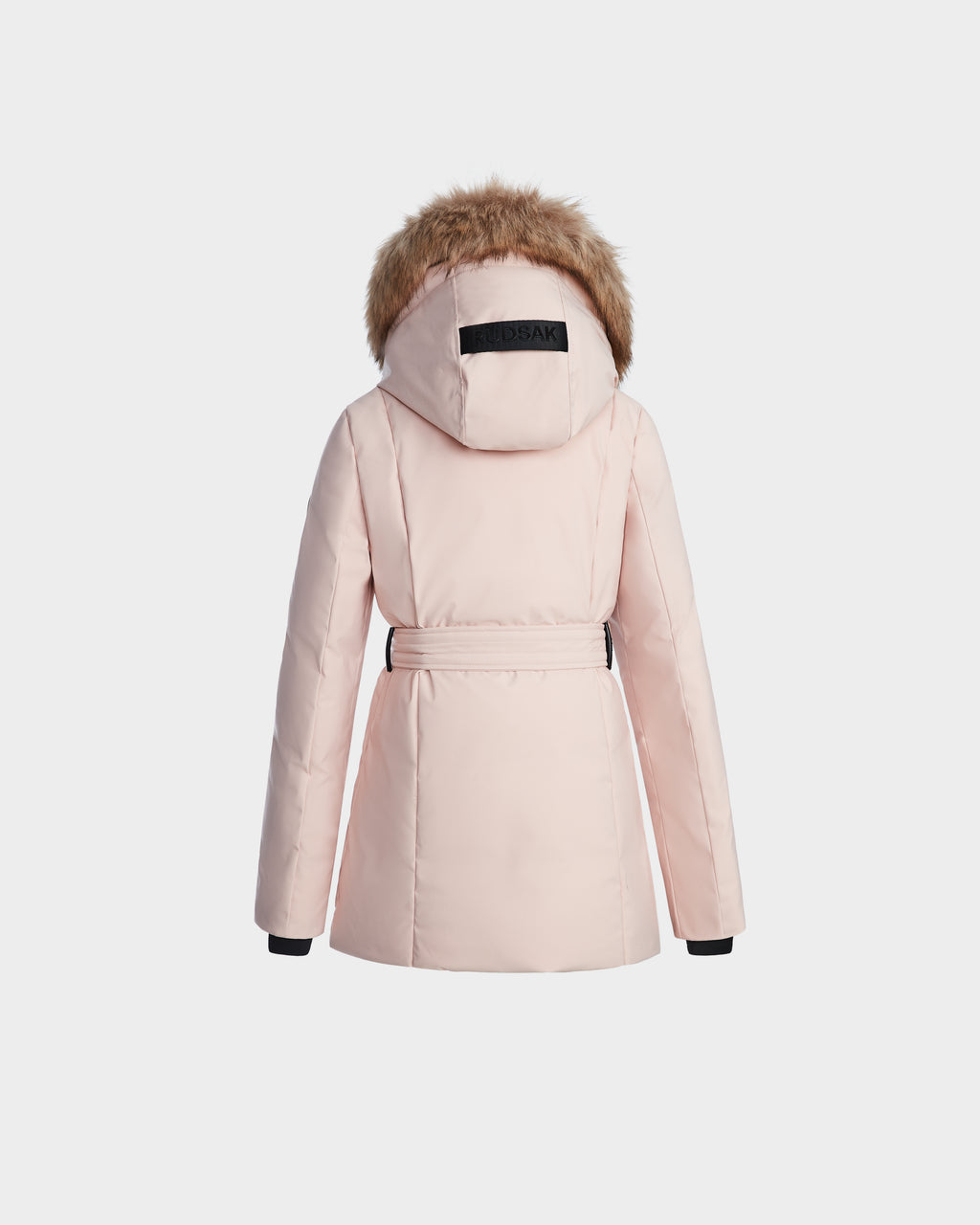 The Rudsak MODA K - 0124505 Pastel Pink is a girl’s down parka in light pink, featuring a fur-lined hood, black velcro strap on the back, fitted waist, and black cuff trim, made from recycled nylon and shown on a white background.