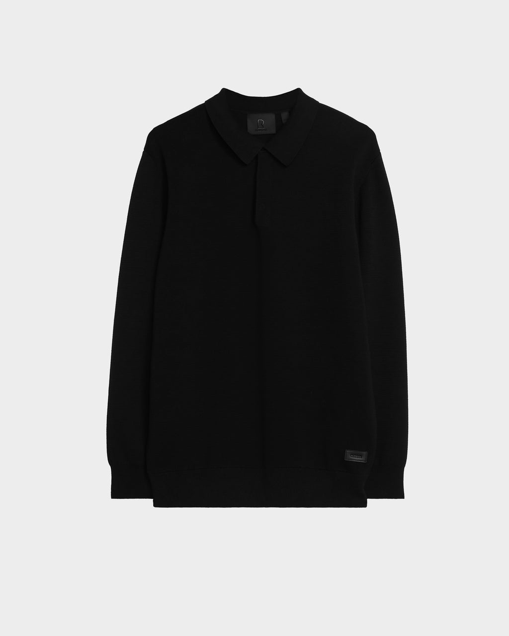 The Rudsak RICHARD - 6524529 Black mens long sleeve polo sweater features a classic collar with no visible buttons, shown against a plain white background.