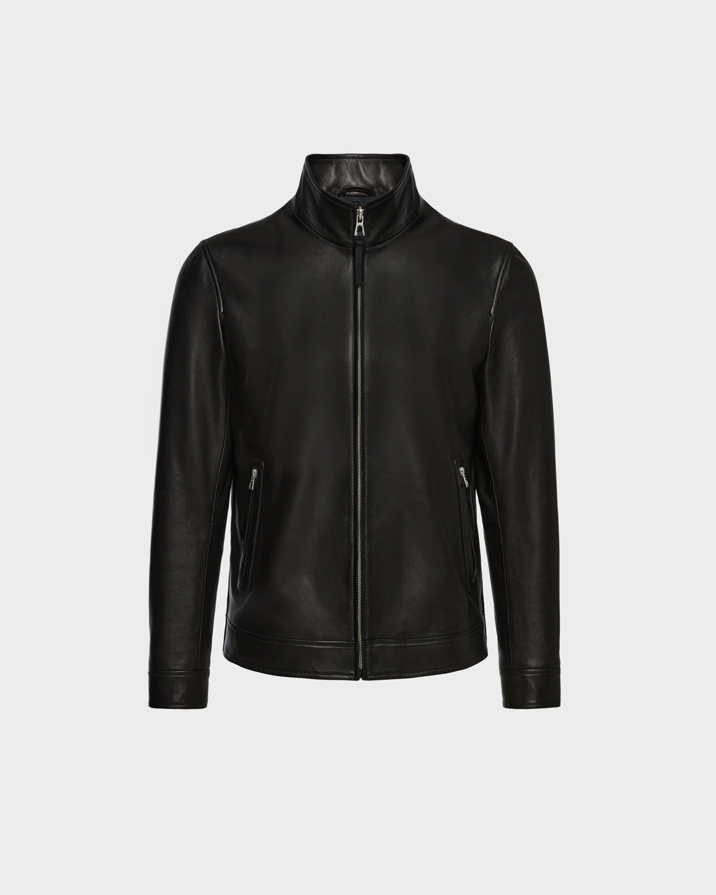 The STEVEN - 6124541 Black by Rudsak is a classic mens leather jacket in black, featuring a front zipper, high collar, and zippered side pockets, shown against a plain white background.