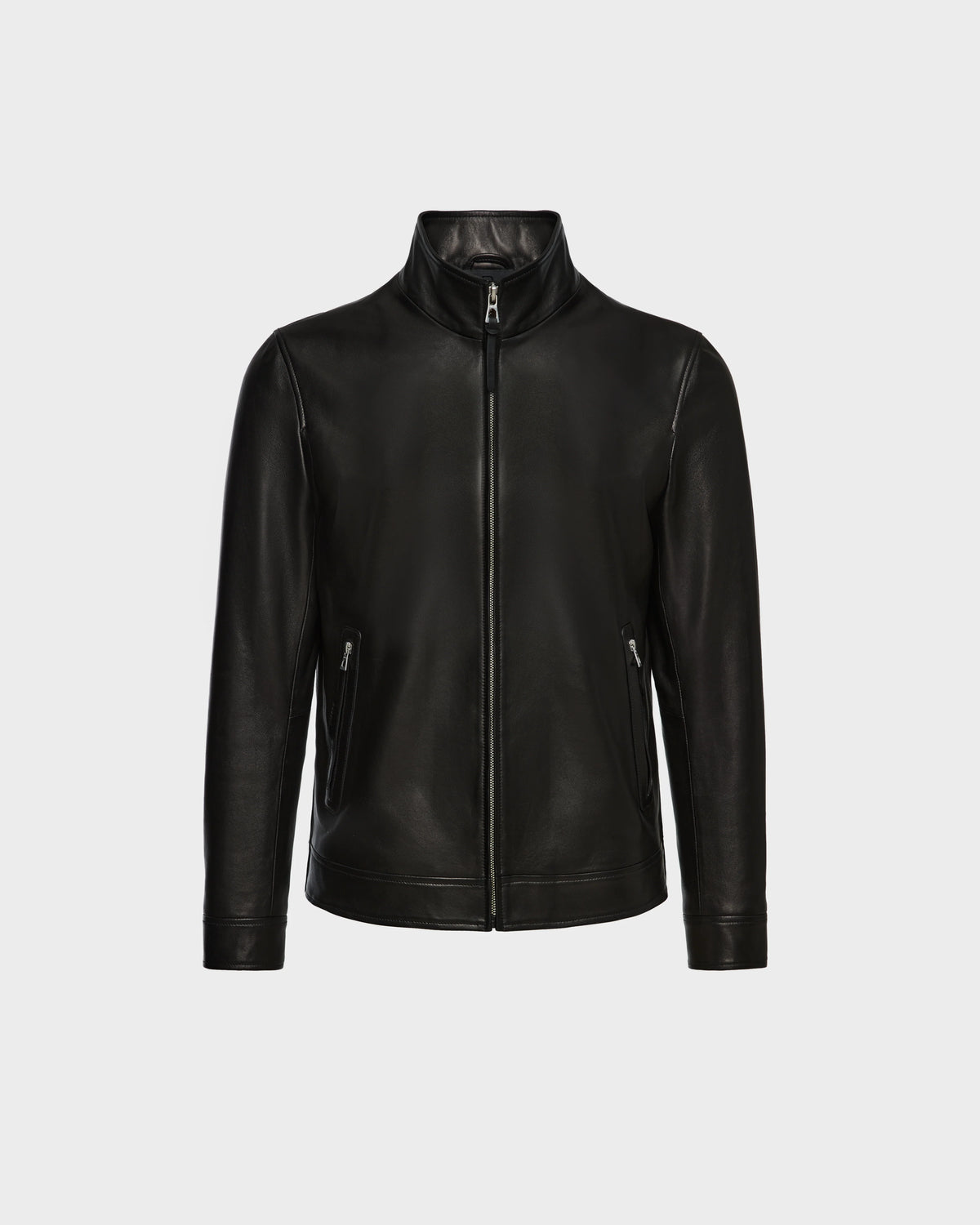 The STEVEN - 6124541 Black by Rudsak is a classic mens leather jacket in black, featuring a front zipper, high collar, and zippered side pockets, shown against a plain white background.