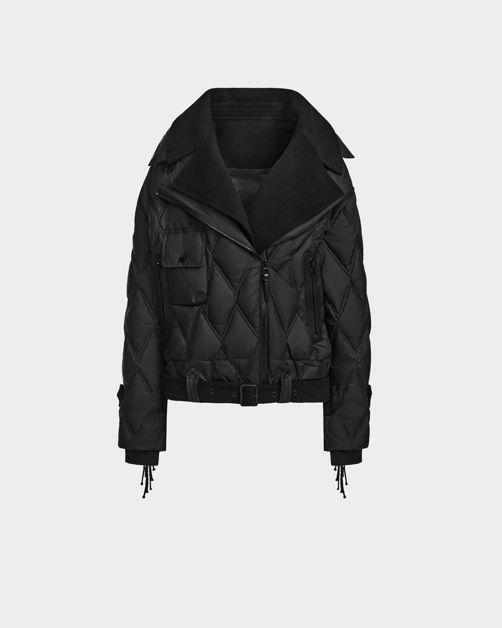 The Rudsak ZOLA - 8124712 Black womens biker jacket features a quilted down design, wide collar, belted waist, zip front, and pockets for a modern look, displayed on a light gray background.