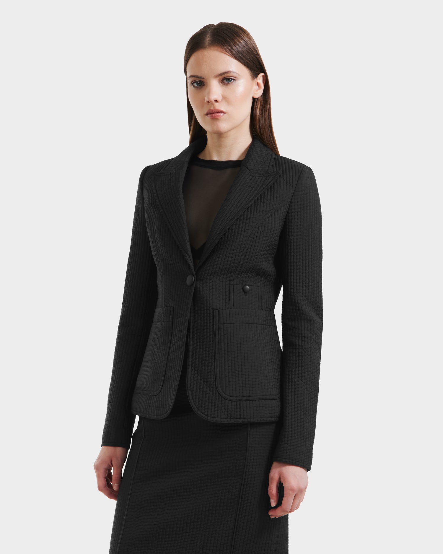 A woman with long brown hair and a neutral expression wears the Rudsak ALVERO Q - 8525629 Black fitted blazer over a sheer black top and matching skirt, standing against a plain white background.