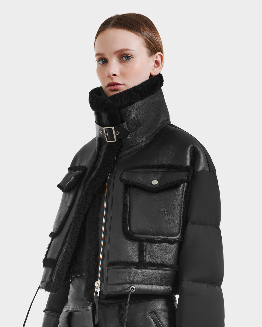 RUDSAK 本革 レザーダウン ジャケット 黒 XS フード ベルト y2k ARIELLA RUDSAK Women's Black Cropped Shearling Puffer Jacket