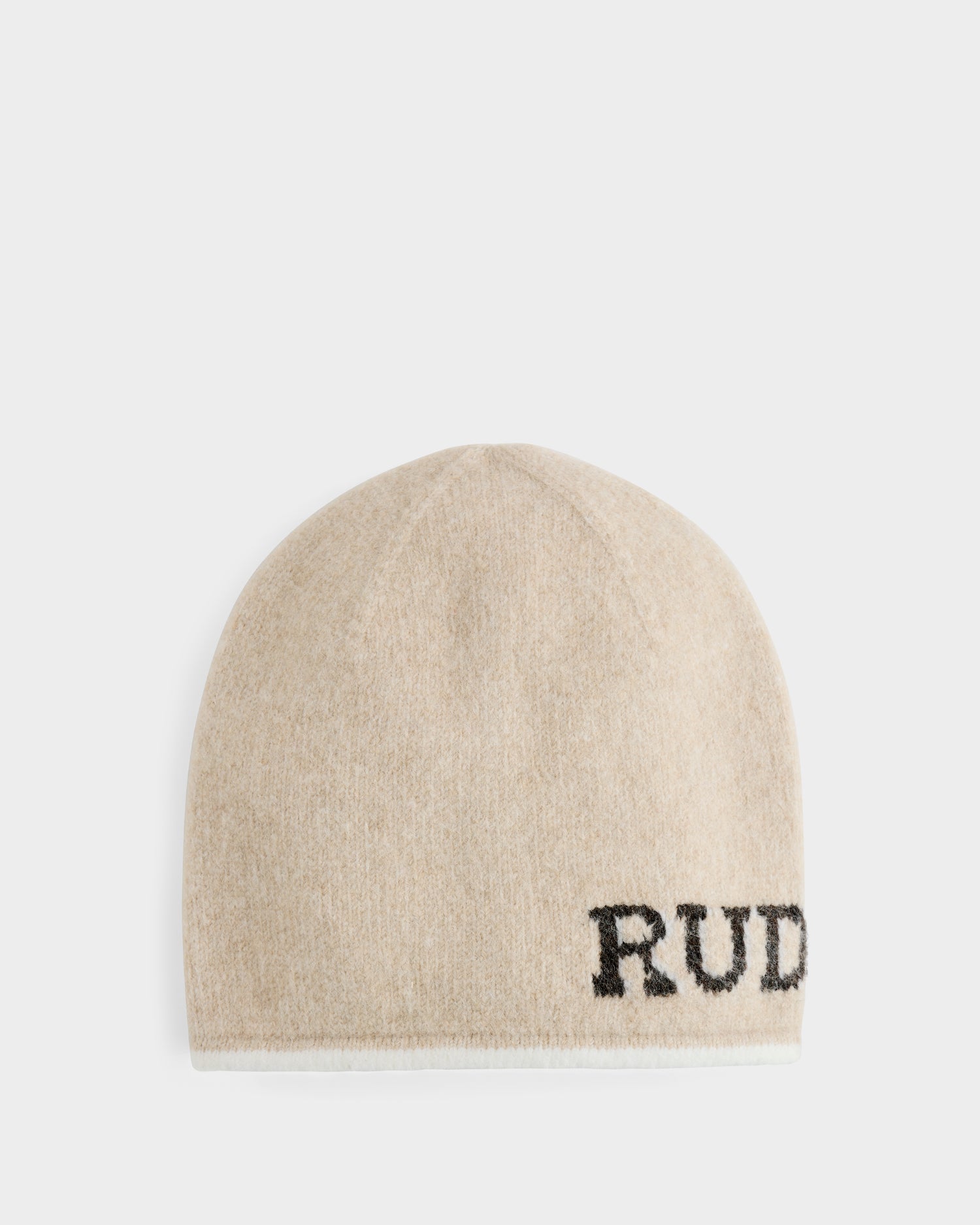 The AXEL - 6425040 Vanilla by Rudsak is a beige knit men's beanie featuring black RUD lettering near the brim, shown on a plain white background—a stylish winter accessory.