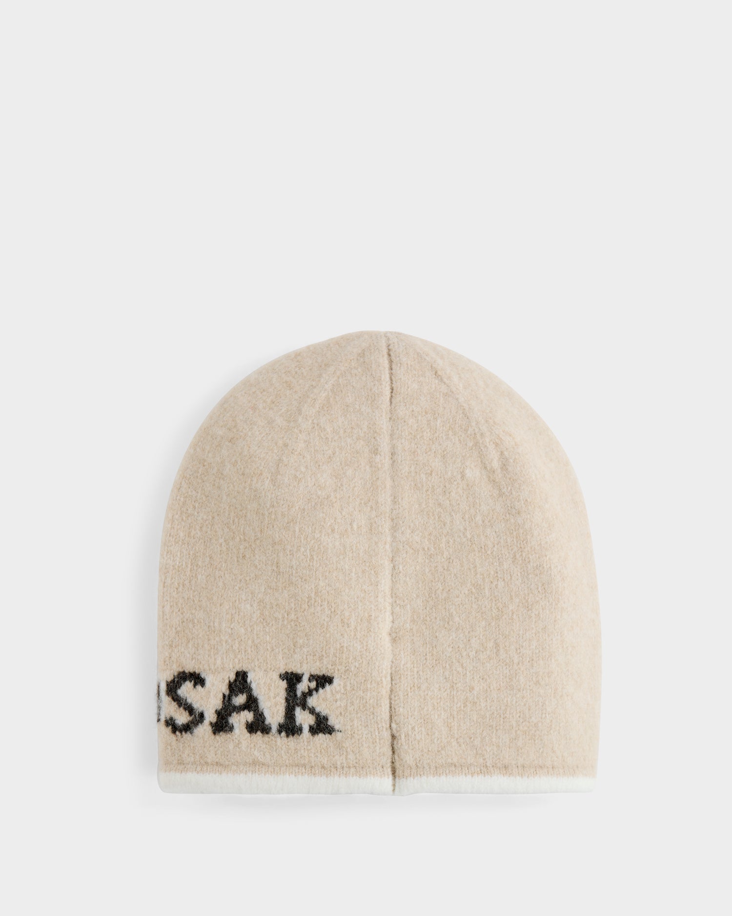 The Rudsak AXEL - 6425040 Vanilla men’s beanie is beige, features a visible center seam and partial black "SAK" text on the lower left edge, making it a stylish winter accessory. Shown against a plain white background.