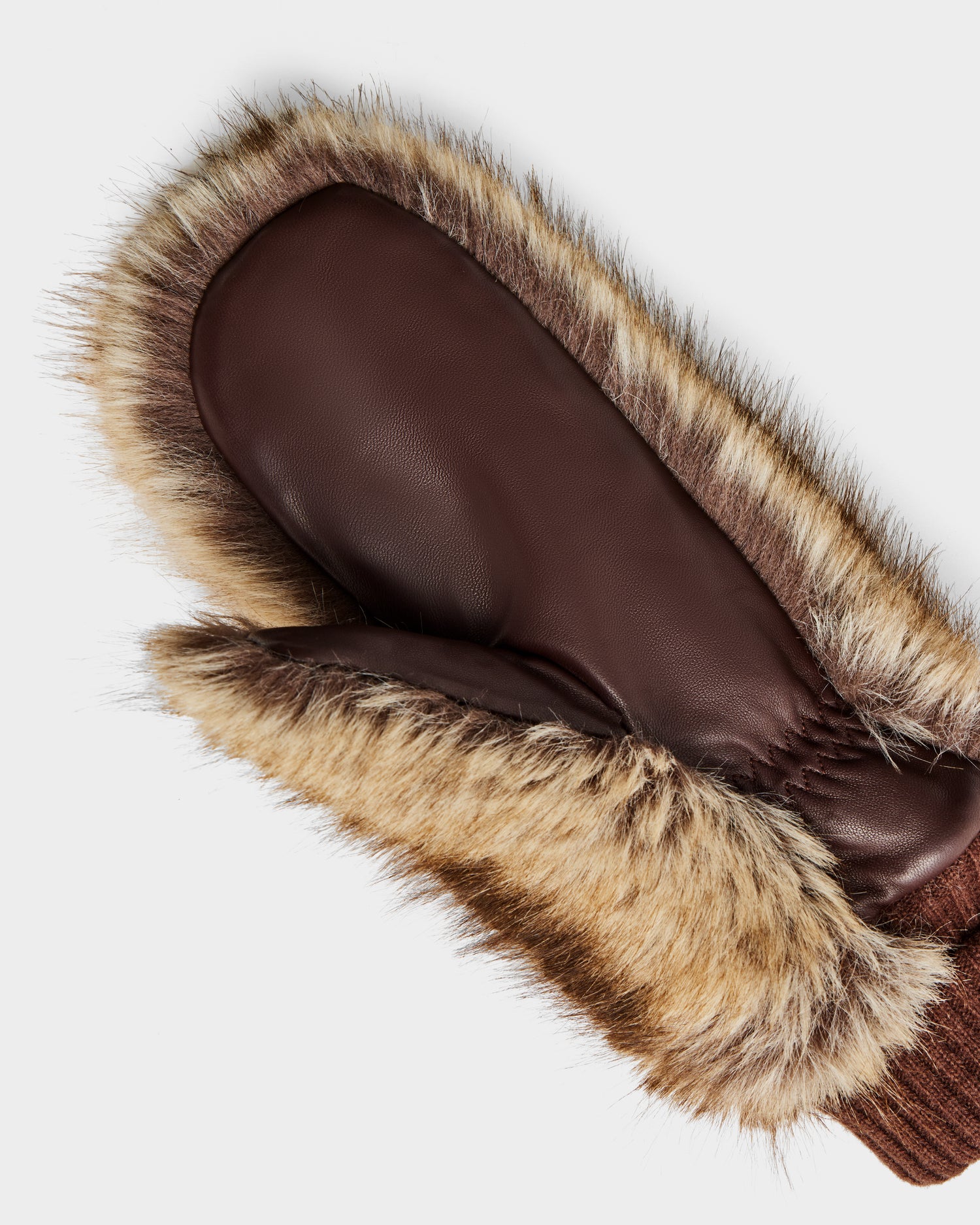 The Rudsak BELLA - 8425006 Mix Mocha mitten features brown leather, a furry trim, and a ribbed knit cuff, shown on a plain white background.